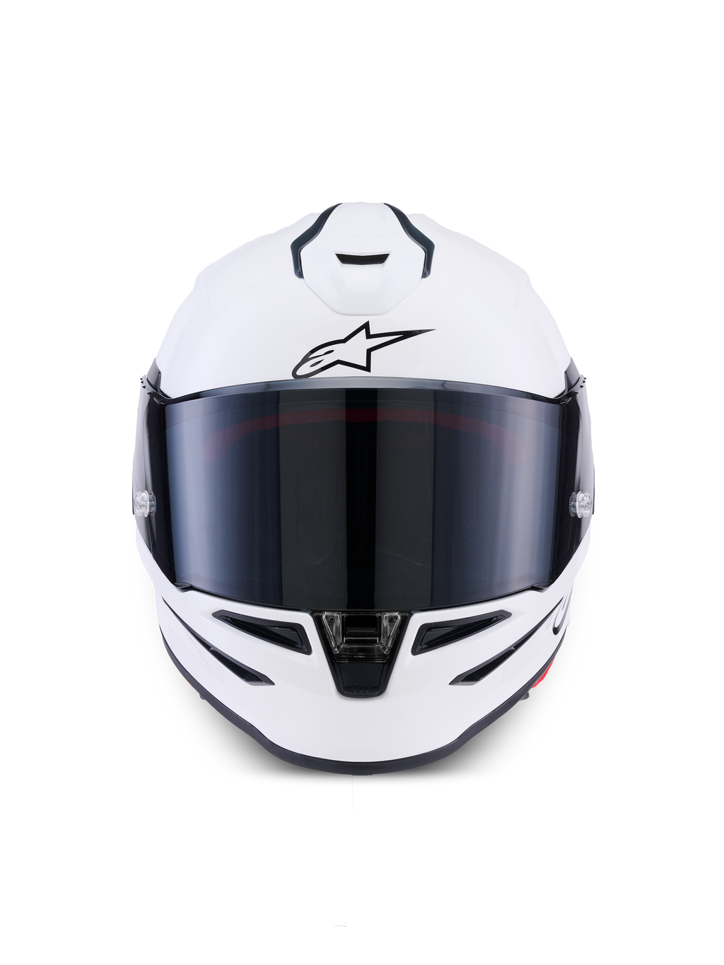 Casque Alpinestars S-R7 Solid, casque de moto intégral, blanc brillant, vue de face avec visière teintée foncée, coque aérodynamique avec aérations intégrées, équipement professionnel de course et de sport