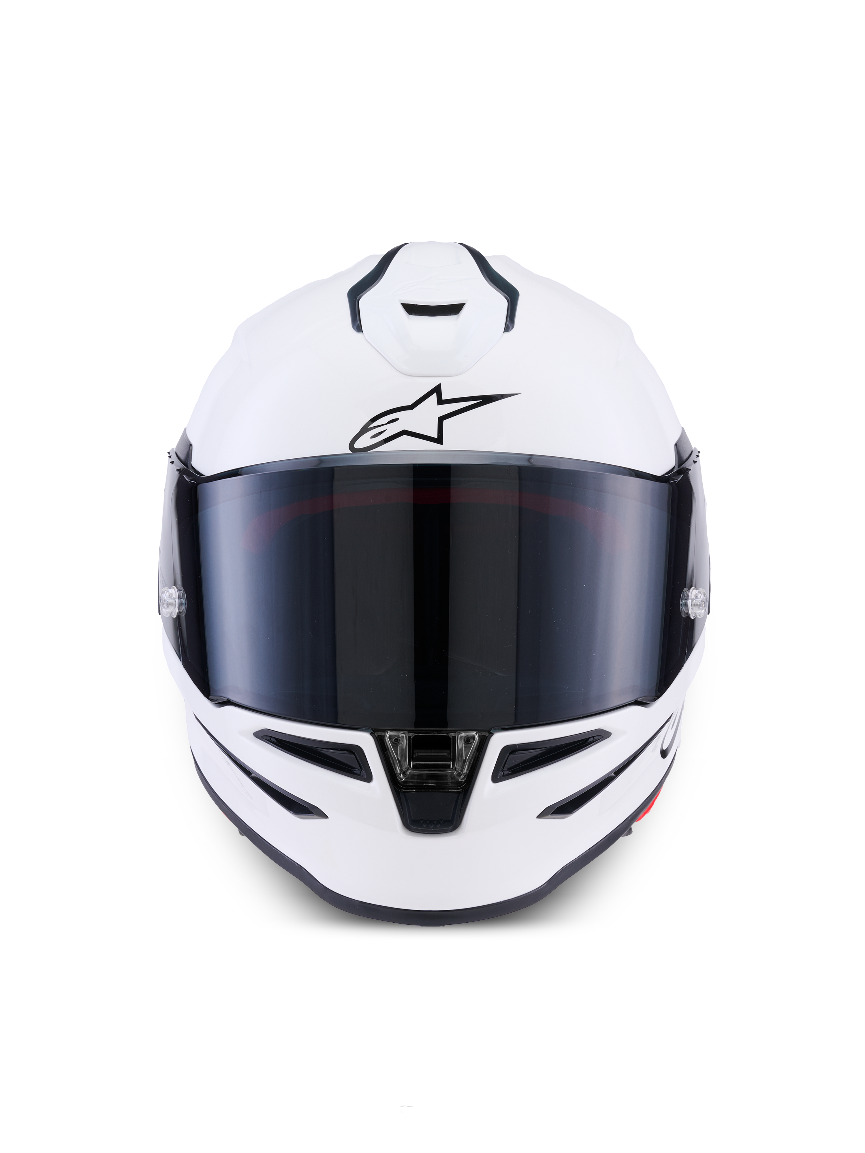 Casque Alpinestars S-R7 Solid, casque de moto intégral, blanc brillant, vue de face avec visière teintée foncée, coque aérodynamique avec aérations intégrées, équipement professionnel de course et de sport
