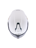 Casque Alpinestars S-R7 Solid, casque de moto intégral blanc brillant, vue de dessus montrant la coque aérodynamique, système de ventilation supérieur coulissant avec détails noirs et logo étoile emblématique, design épuré inspiré de la course pour une stabilité à haute vitesse.
