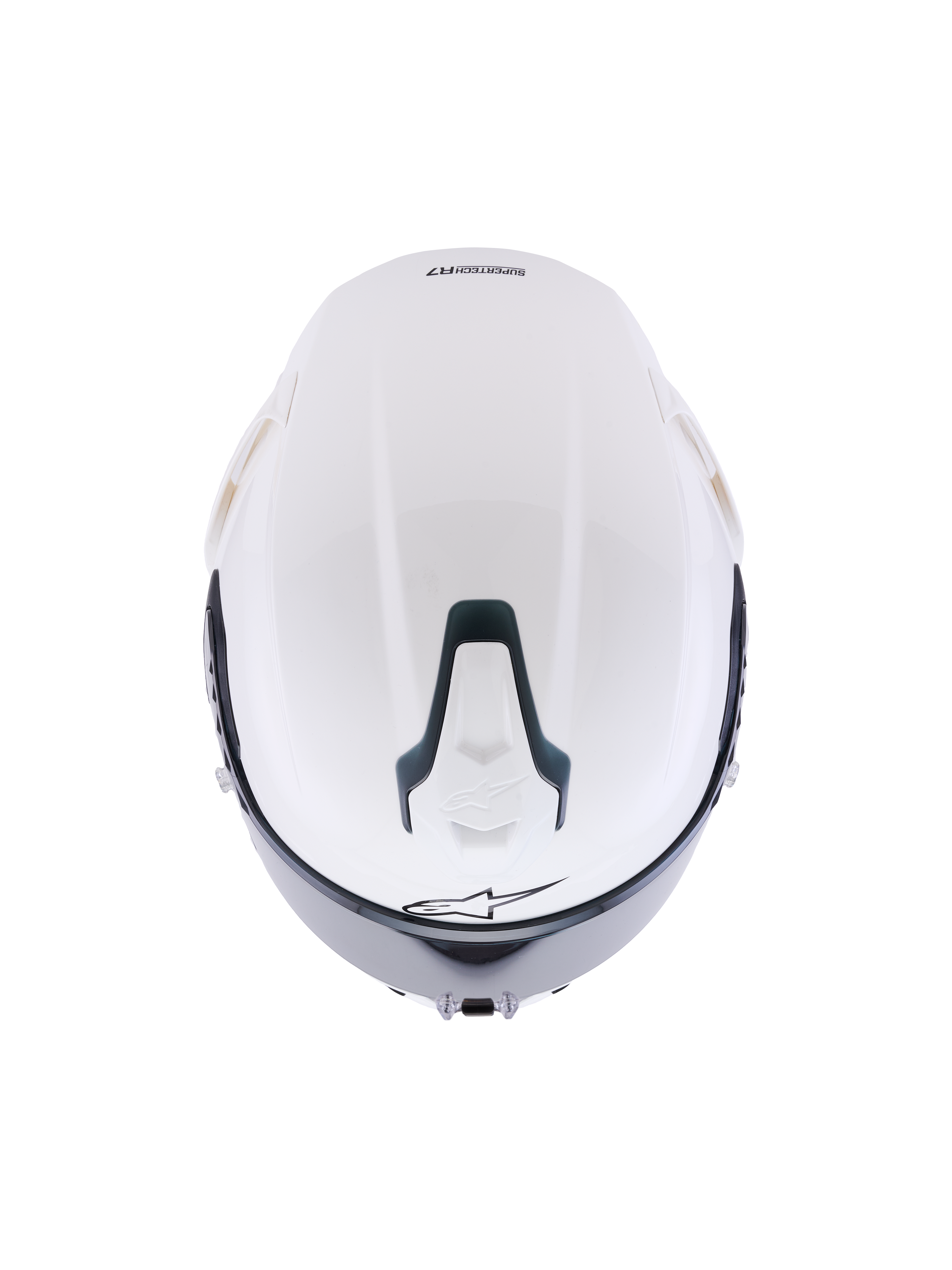 Casque Alpinestars S-R7 Solid, casque de moto intégral blanc brillant, vue de dessus montrant la coque aérodynamique, système de ventilation supérieur coulissant avec détails noirs et logo étoile emblématique, design épuré inspiré de la course pour une stabilité à haute vitesse.