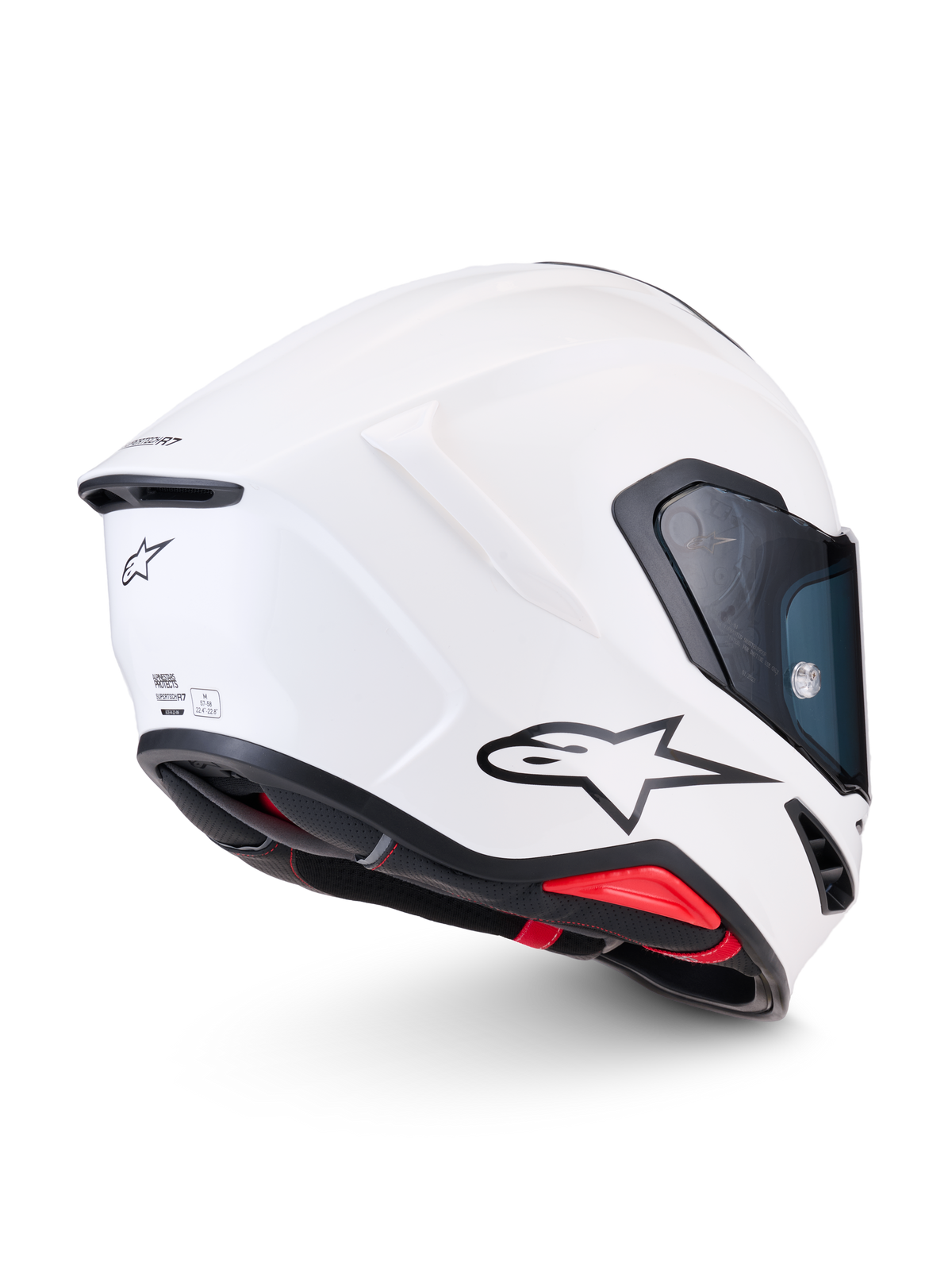 Alpinestars Casque S-R7 Solid, casque de moto racing blanc brillant, vue de profil latéral arrière montrant la coque aérodynamique en composite de carbone, le logo A-star noir et les détails de certification ECE 22.06