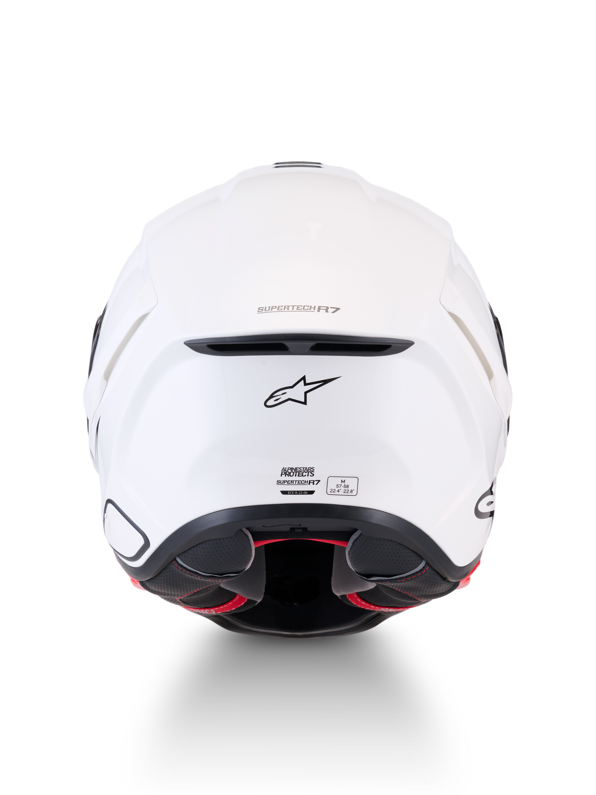 Alpinestars Casque ECE 22.06 S-R7 Solid, casque moto road, blanc brillant, vue de dos montrant l'extracteur d'air, le logo A-star et l'étiquette de certification ECE 22.06