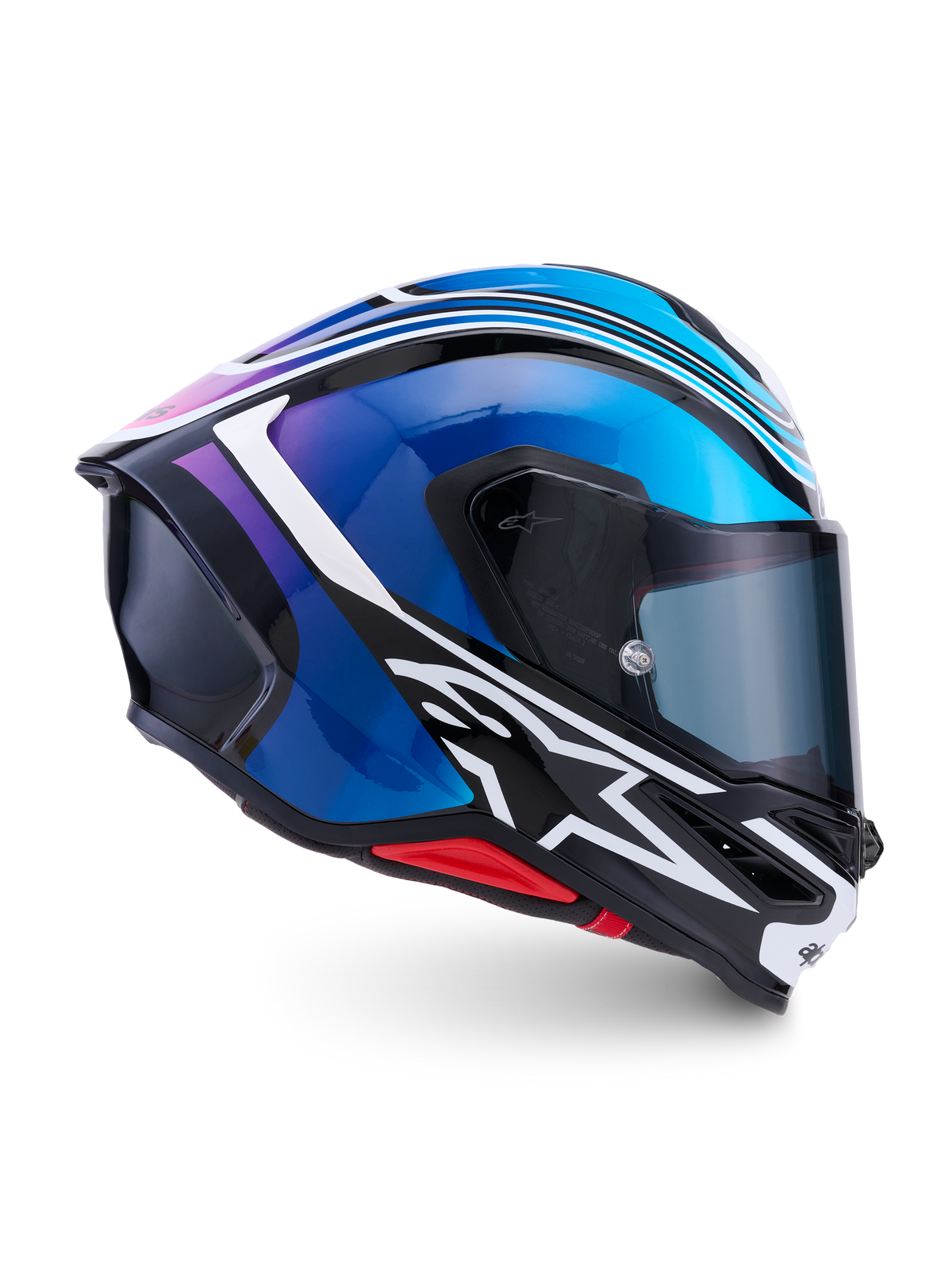 Casque S-R7 Zeal d'Alpinestars, casque moto racing intégral, noir, bleu, rose fluo et blanc, construction en carbone composite, certifié ECE 22.06, vue de profil latéral montrant la coque aérodynamique et la visière