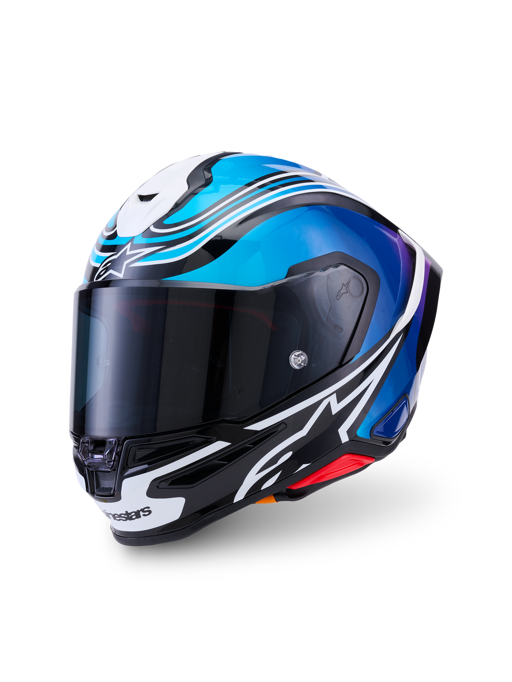 Alpinestars S-R7 Zeal Helmet ECE 22.06, full face motorcycle racing helmet, Black, Blue, Pink Fluo, and White Glossy, carbon fiber construction with aerodynamic styling and clear visor