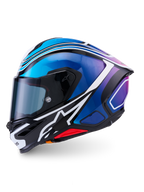 Alpinestars S-R7 Zeal Helmet ECE 22.06, full-face road racing motorcycle helmet, Black, Blue, and White Glossy, carbon composite construction with integrated spoiler