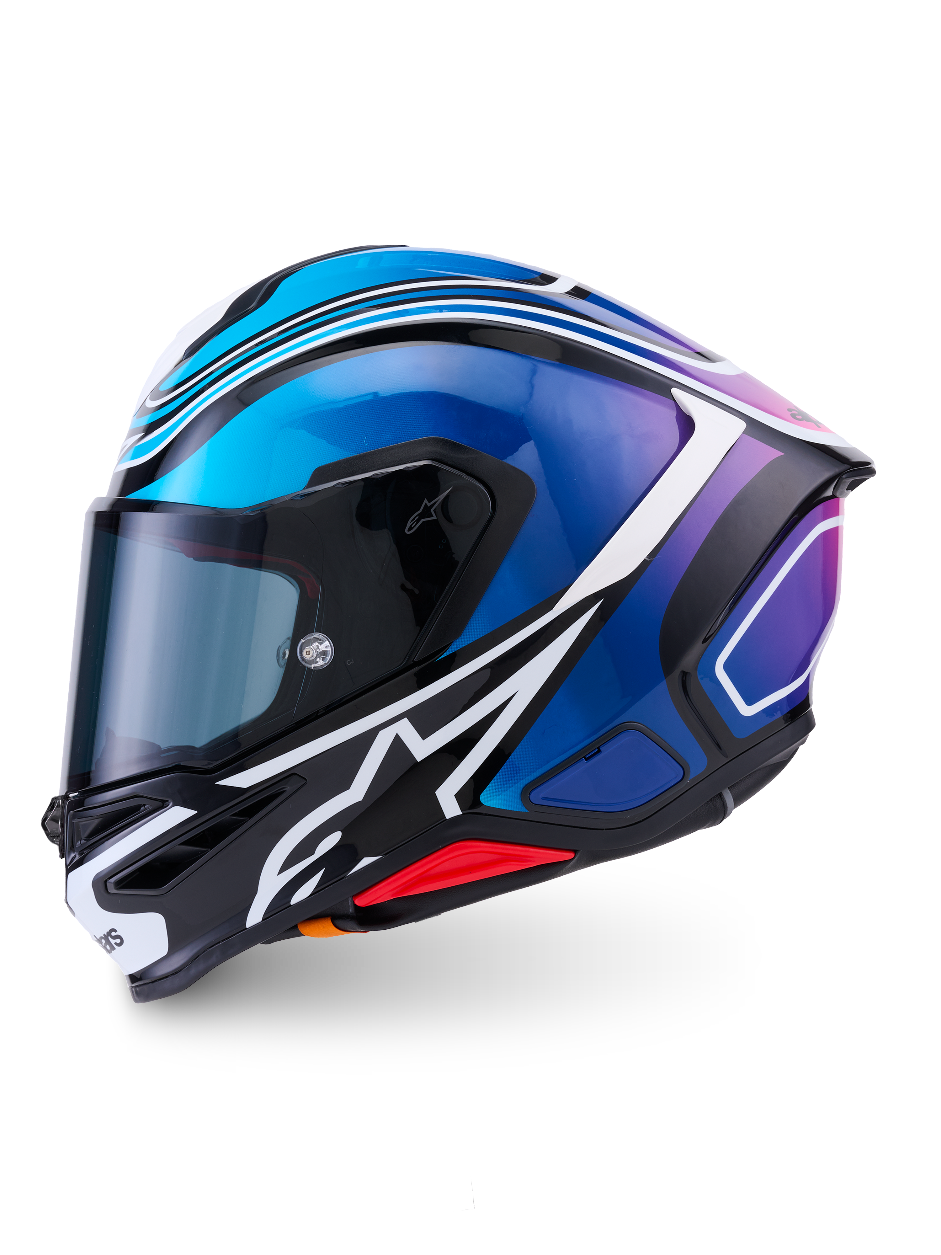 Alpinestars S-R7 Zeal Helmet ECE 22.06, full-face road racing motorcycle helmet, Black, Blue, and White Glossy, carbon composite construction with integrated spoiler