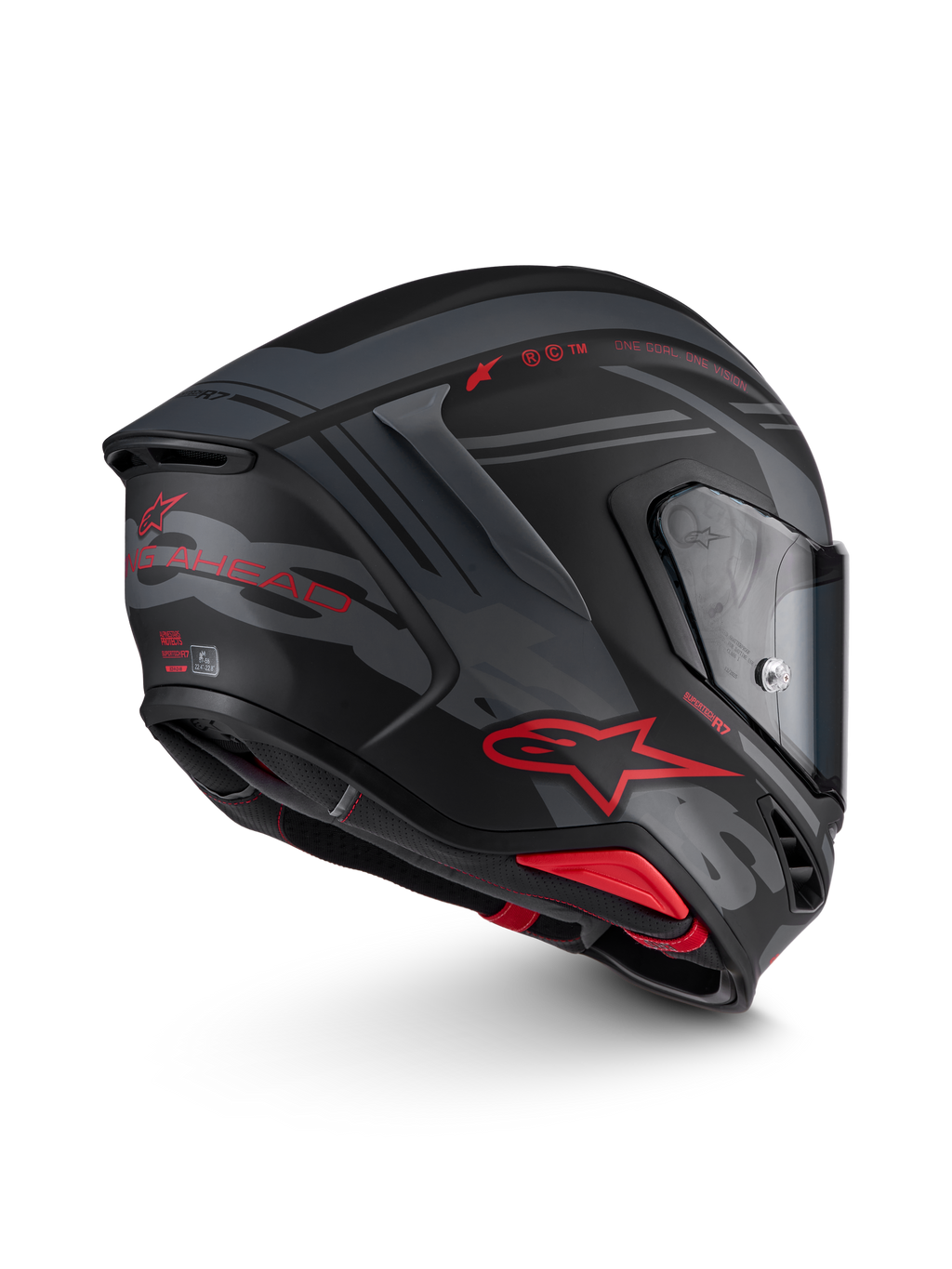 Alpinestars S-R7 A-Core Casque ECE 22.06, casque de moto intégral racing noir, gris et rouge mat, vue de profil montrant l'aérodynamisme, la construction en composite de carbone et la visière transparente