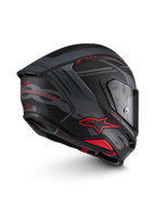 Alpinestars S-R7 A-Core Casque ECE 22.06, casque de moto intégral racing noir, gris et rouge mat, vue de profil montrant l'aérodynamisme, la construction en composite de carbone et la visière transparente