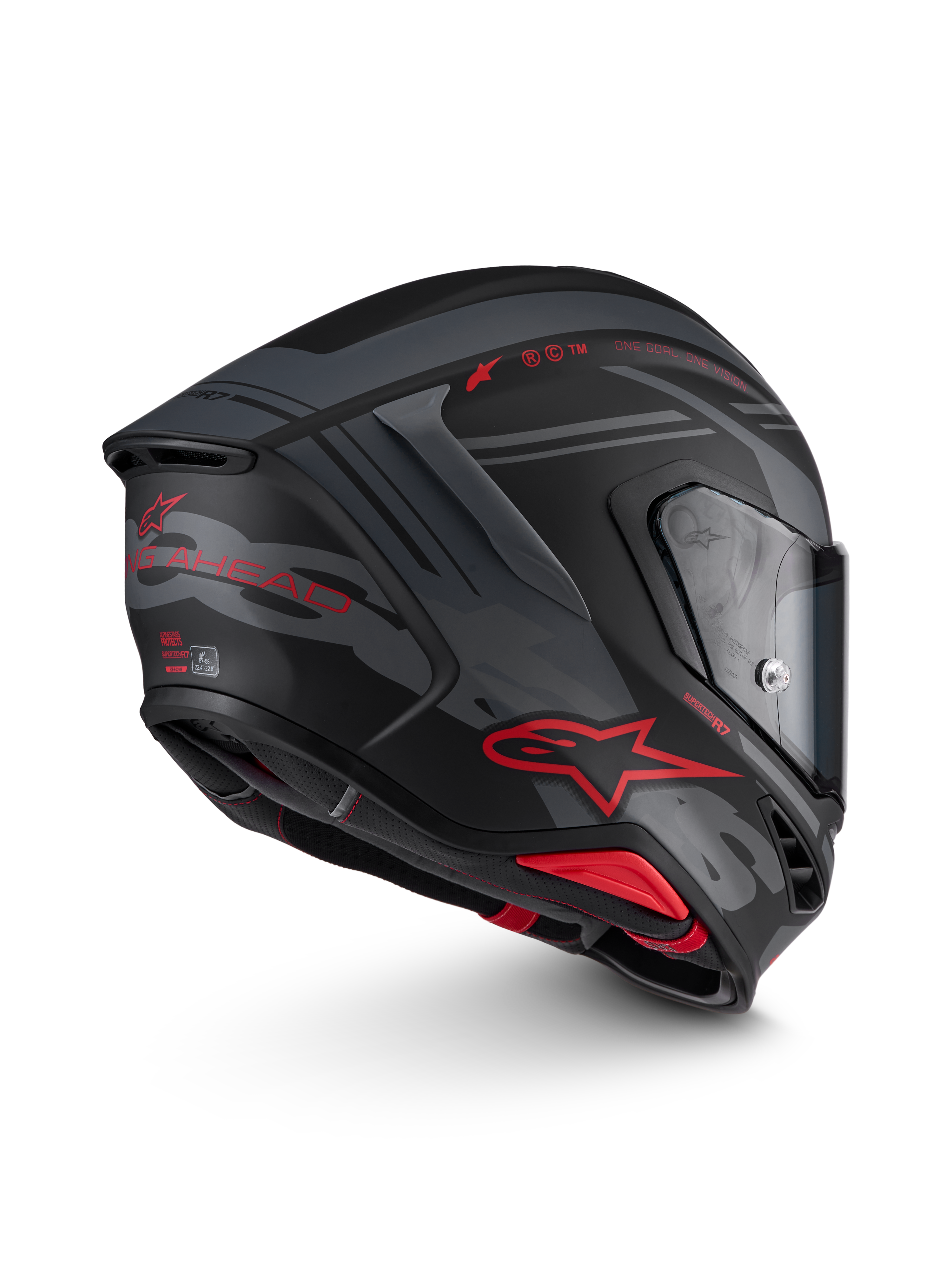 Alpinestars S-R7 A-Core Casque ECE 22.06, casque de moto intégral racing noir, gris et rouge mat, vue de profil montrant l'aérodynamisme, la construction en composite de carbone et la visière transparente