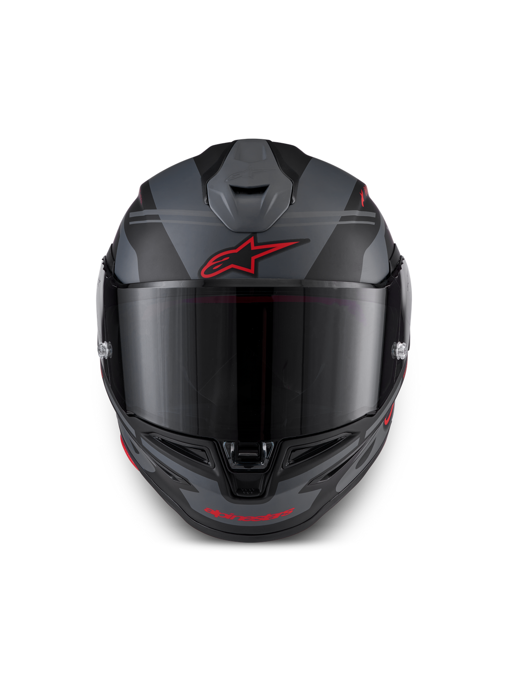 Casque S-R7 A-Core ECE 22.06 d'Alpinestars, casque intégral de moto racing, noir, gris et rouge, vue de face avec ventilation aérodynamique et visière claire