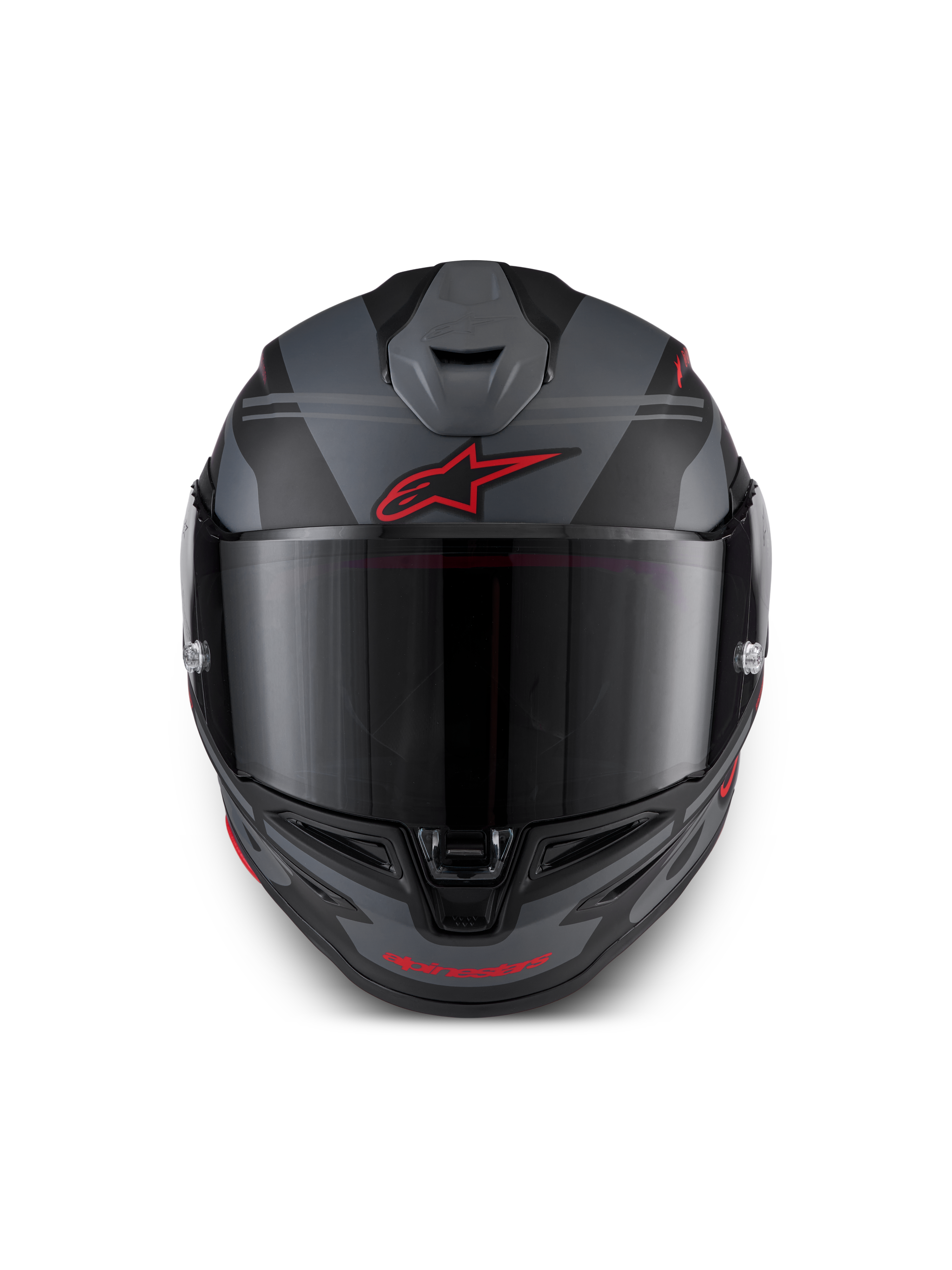 Casque S-R7 A-Core ECE 22.06 d'Alpinestars, casque intégral de moto racing, noir, gris et rouge, vue de face avec ventilation aérodynamique et visière claire