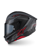 Alpinestars S-R7 A-Core Casque ECE06, casque de moto intégral noir, gris et rouge avec design aérodynamique, homologué ECE 22.06 et détails de marquage