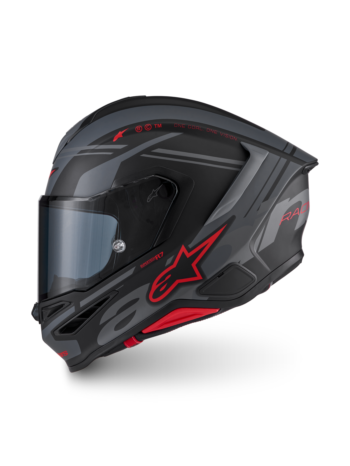 Alpinestars S-R7 A-Core Casque ECE06, casque de moto intégral noir, gris et rouge avec design aérodynamique, homologué ECE 22.06 et détails de marquage