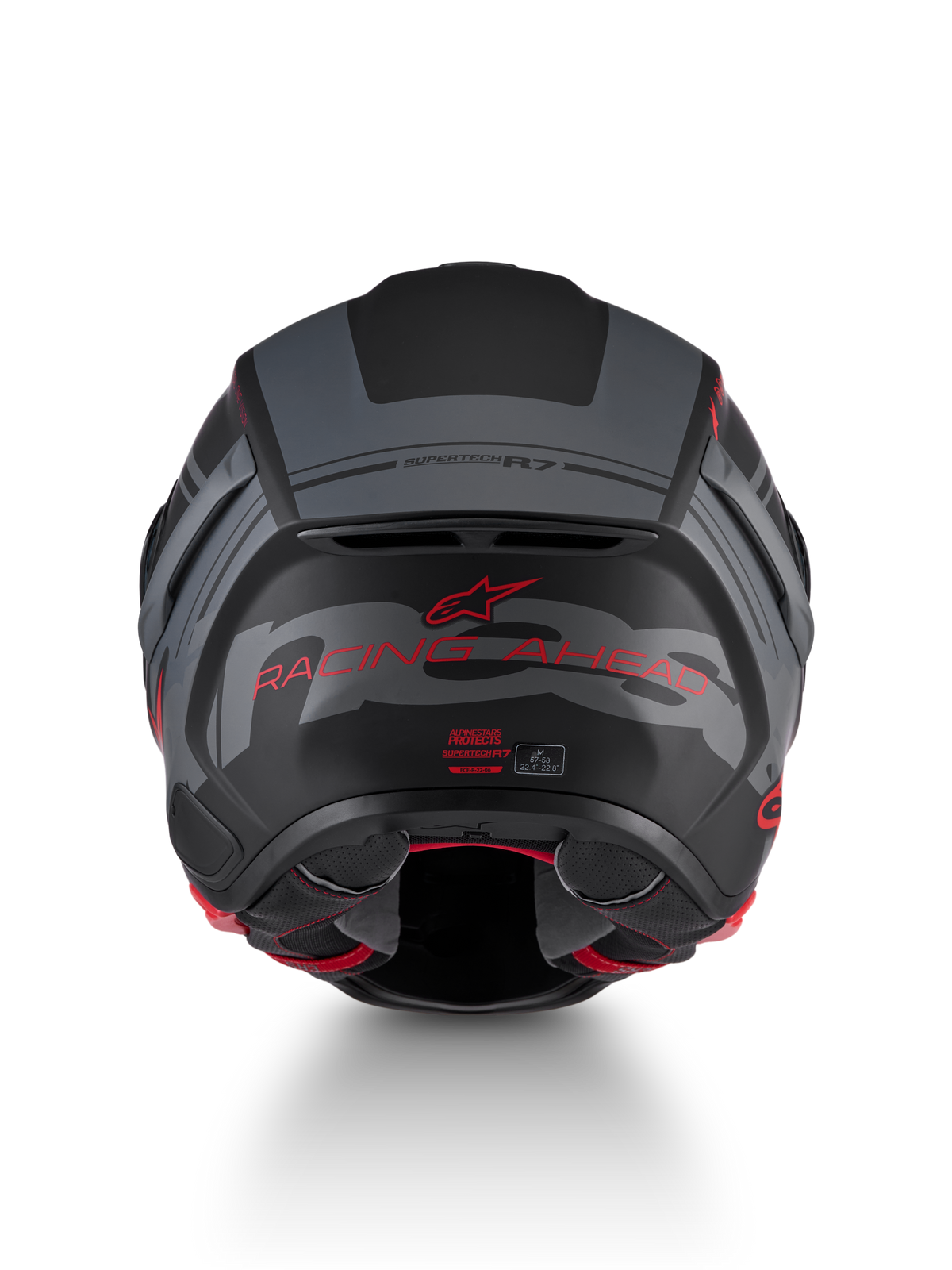 Alpinestars S-R7 A-Core Casque ECE06, casque de moto racing, vue de dos avec coloris mat noir, gris et rouge, et détails de branding