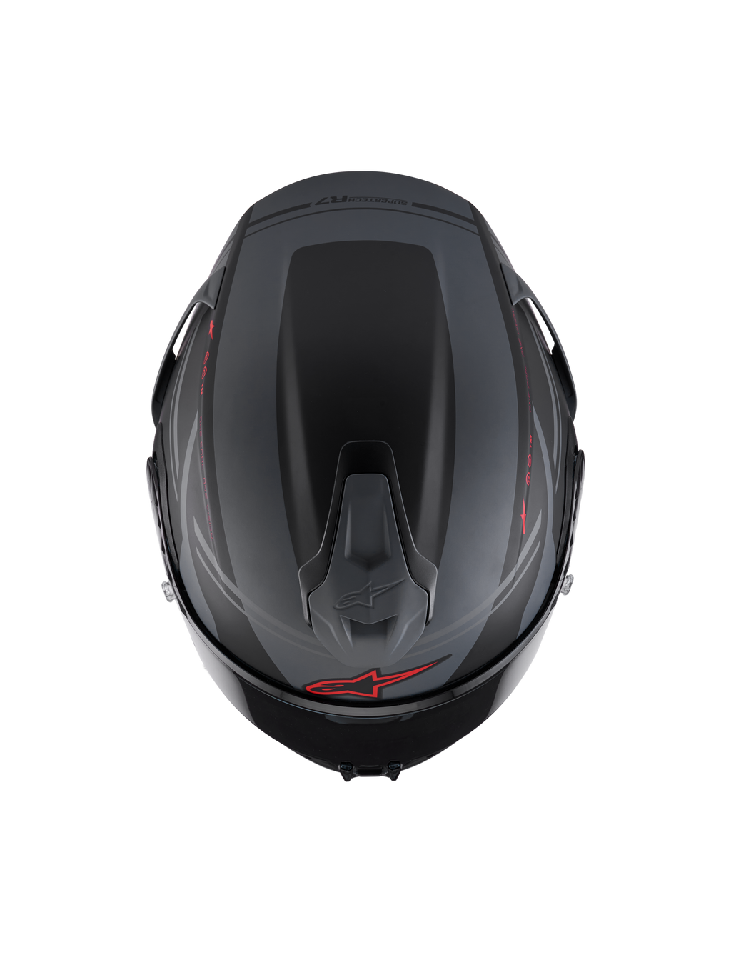 Casque Alpinestars S-R7 A-Core ECE 22.06, casque de moto racing intégral, vue de dessus montrant le spoiler aérodynamique et les ventilations, noir mat, gris et rouge