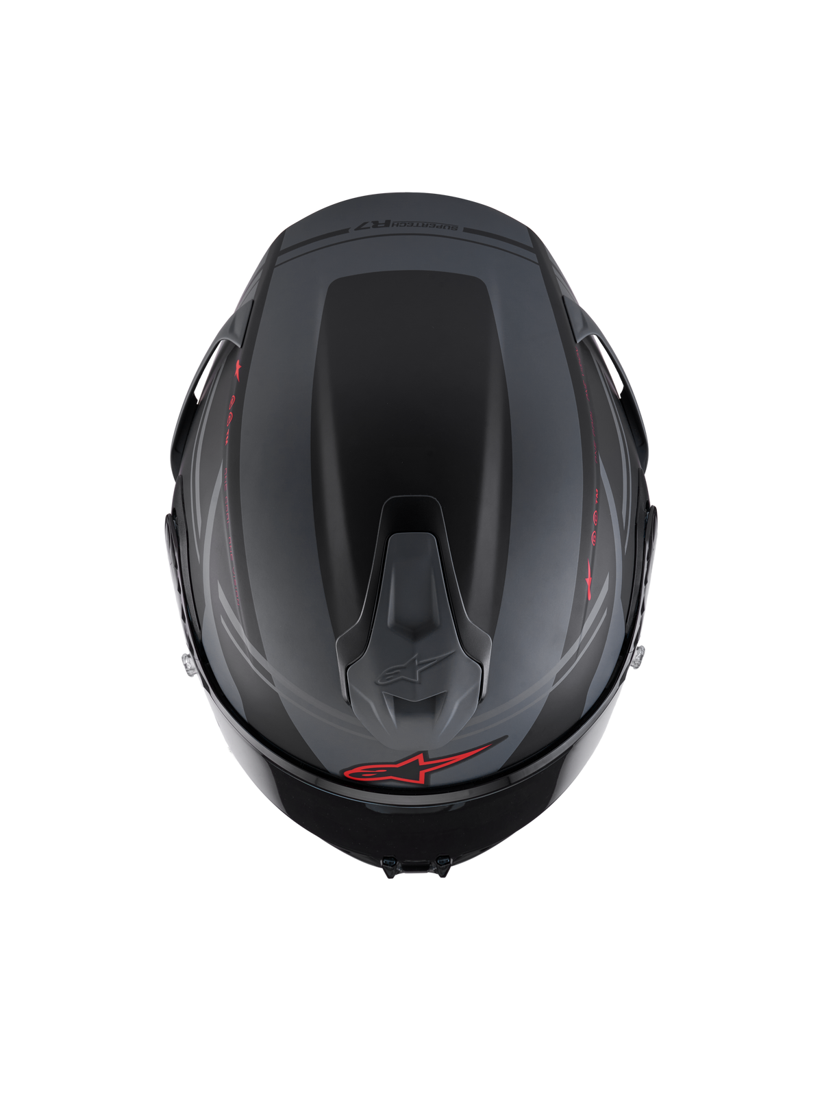 Casque Alpinestars S-R7 A-Core ECE 22.06, casque de moto racing intégral, vue de dessus montrant le spoiler aérodynamique et les ventilations, noir mat, gris et rouge
