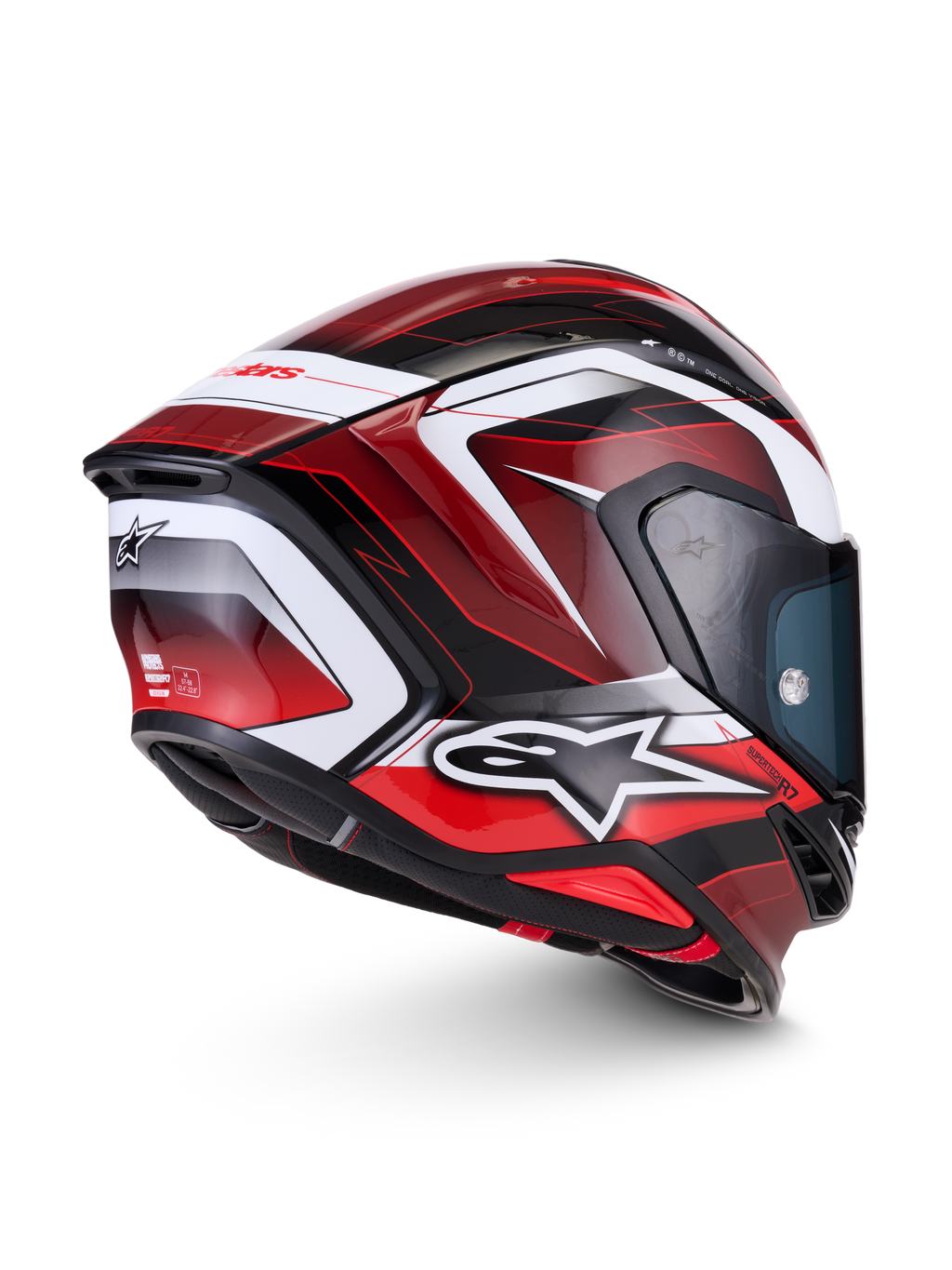 Alpinestars S-R7 Kinetis Helmet, full-face carbon road and track helmet in Black, Red and White Glossy with ECE 22.06 certification, side-rear profile view