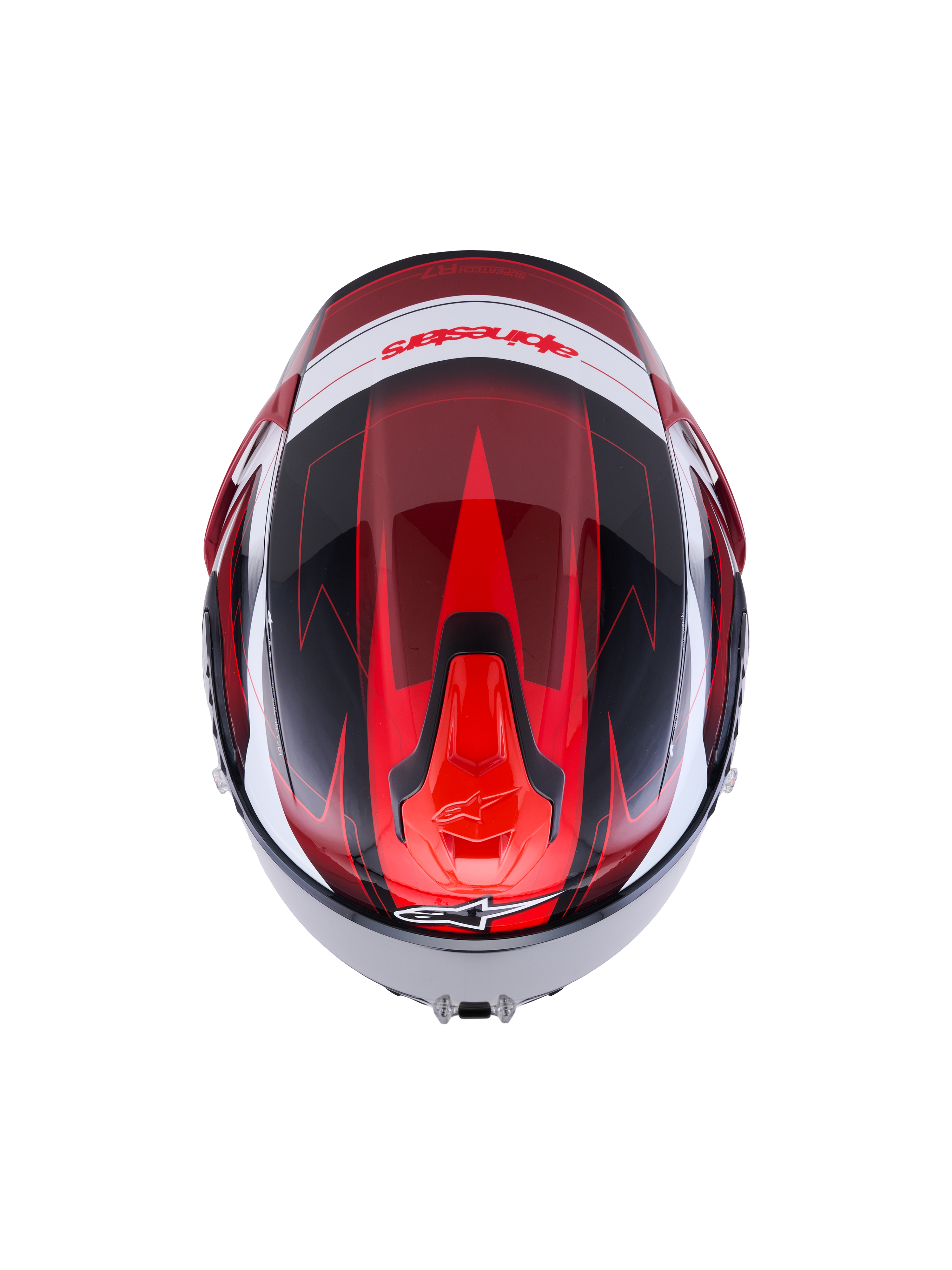 Alpinestars S-R7 Kinetis Helmet, full-face road racing helmet, Black, Red, and White glossy finish, top-down view showing aerodynamic design and carbon composite construction