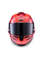 Casque Alpinestars Supertech R10 Arius, casque intégral de course, rouge avec accents blancs et noirs, vue de face avec visière fumée foncée, logo Alpinestars sur le front et le menton, finition brillante avec ports de ventilation aérodynamiques
