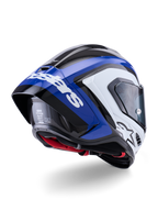 Casque Alpinestars Supertech R10 Arius, casque intégral de course, noir, blanc et bleu brillant, vue de trois-quarts arrière montrant le spoiler aérodynamique, la texture en fibre de carbone visible et le logo Alpinestars blanc distinctif