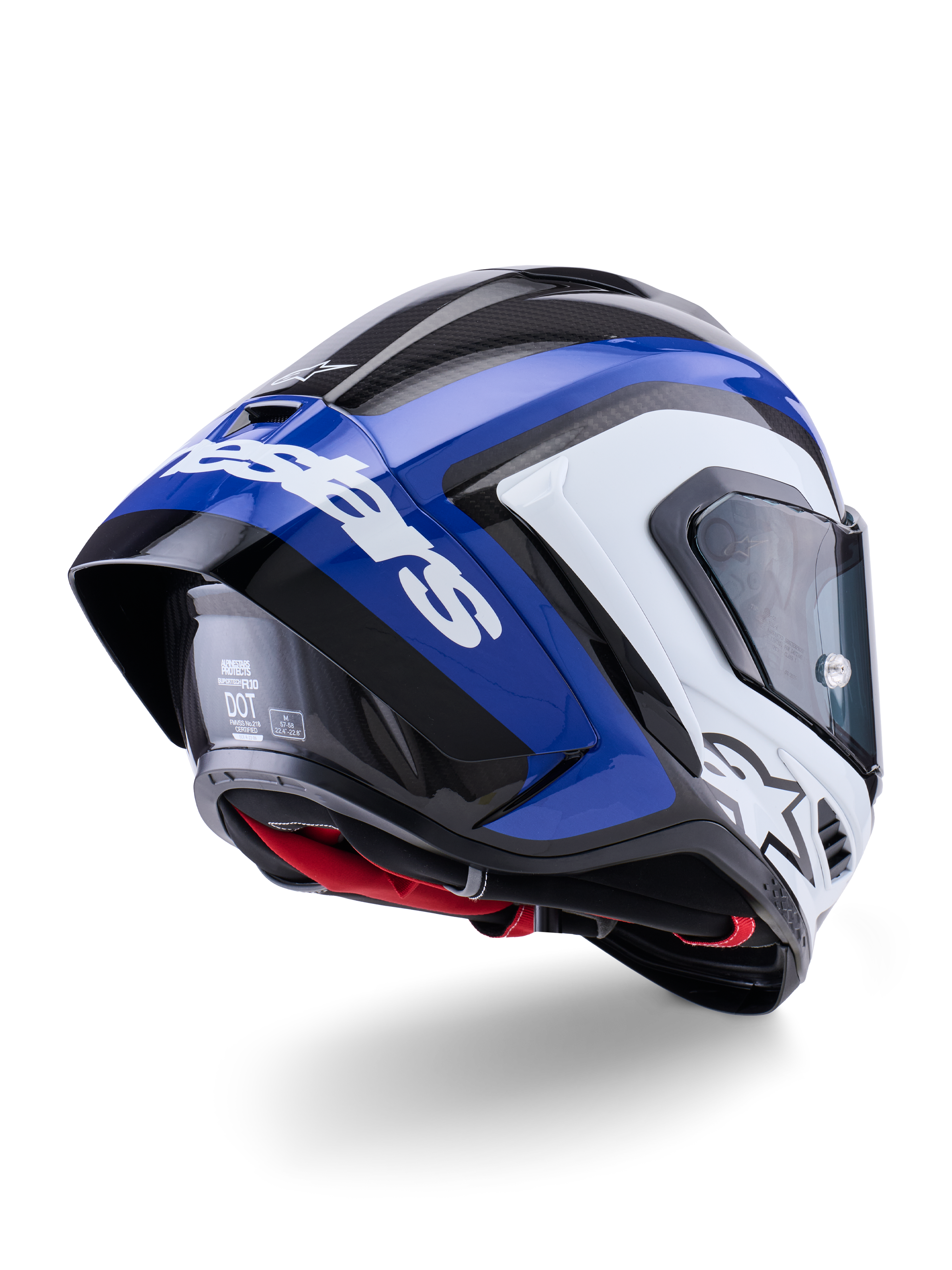 Casque Alpinestars Supertech R10 Arius, casque intégral de course, noir, blanc et bleu brillant, vue de trois-quarts arrière montrant le spoiler aérodynamique, la texture en fibre de carbone visible et le logo Alpinestars blanc distinctif