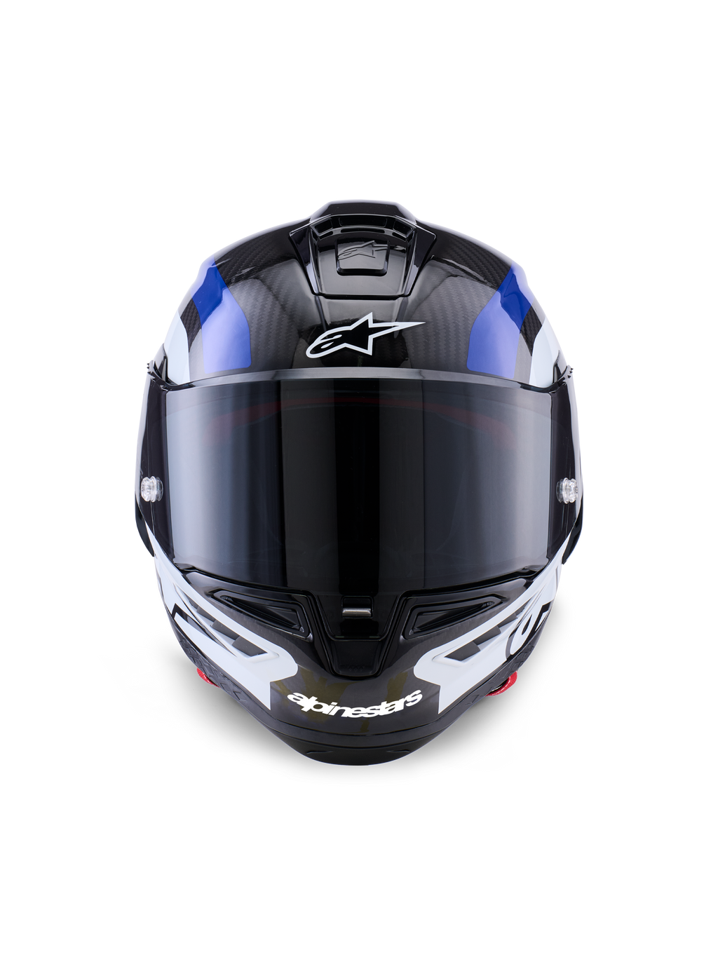 Casque Alpinestars Supertech R10 Arius, casque intégral de course, noir blanc et bleu brillant, vue de face avec visière fumée foncée, texture en fibre de carbone visible sur la calotte supérieure, logos Alpinestars blancs sur le front et la mentonnière, design aérodynamique épuré pour la compétition professionnelle