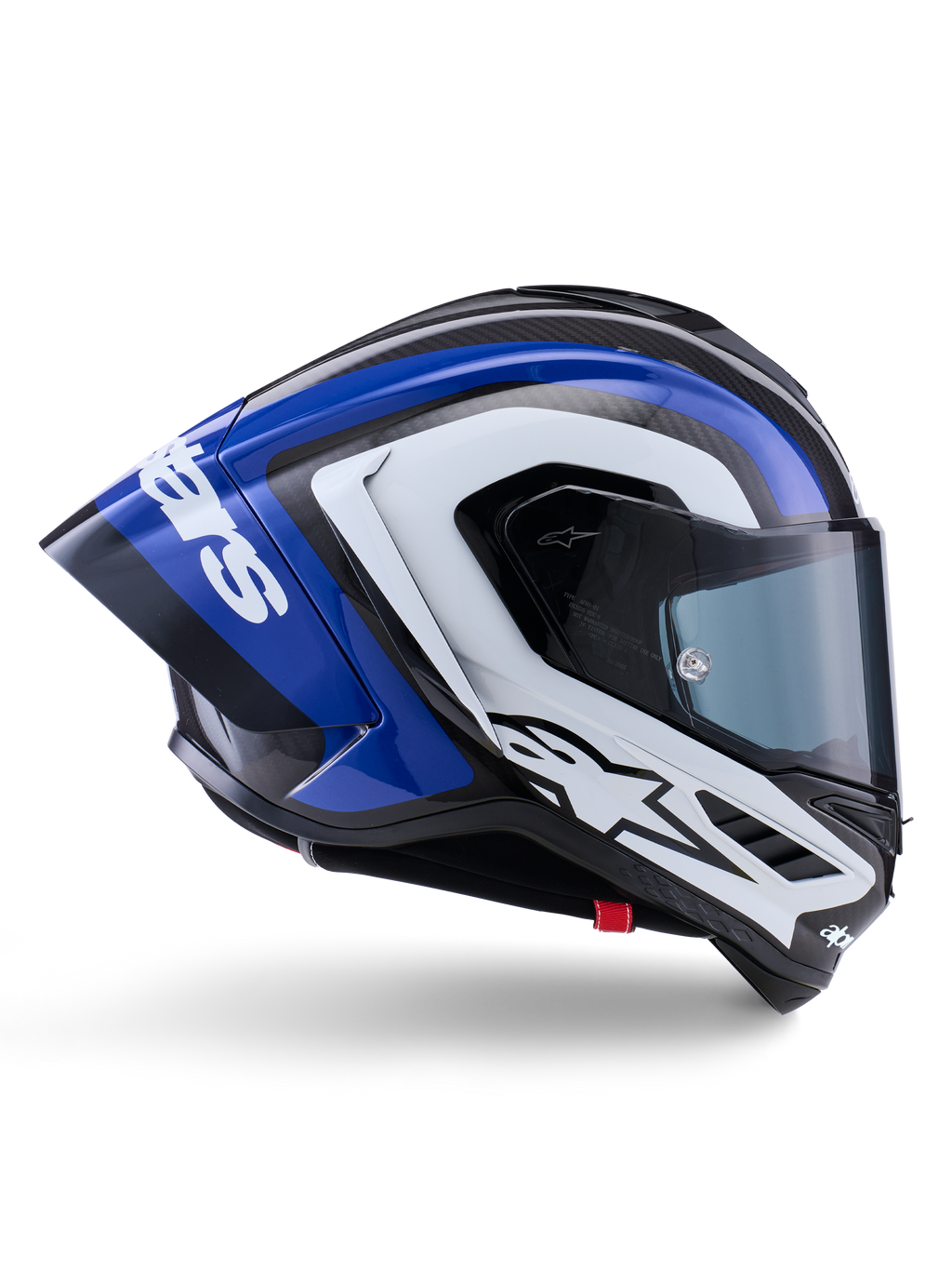 Casque Alpinestars Supertech R10 Arius, casque intégral de course, finition brillante noir, blanc et bleu, vue latérale aérodynamique montrant la calotte en fibre de carbone et le grand spoiler arrière avec le logo Alpinestars, équipement de protection moto professionnel