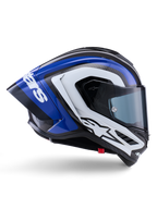 Casque Alpinestars Supertech R10 Arius, casque intégral de course, finition brillante noir, blanc et bleu, vue latérale aérodynamique montrant la calotte en fibre de carbone et le grand spoiler arrière avec le logo Alpinestars, équipement de protection moto professionnel