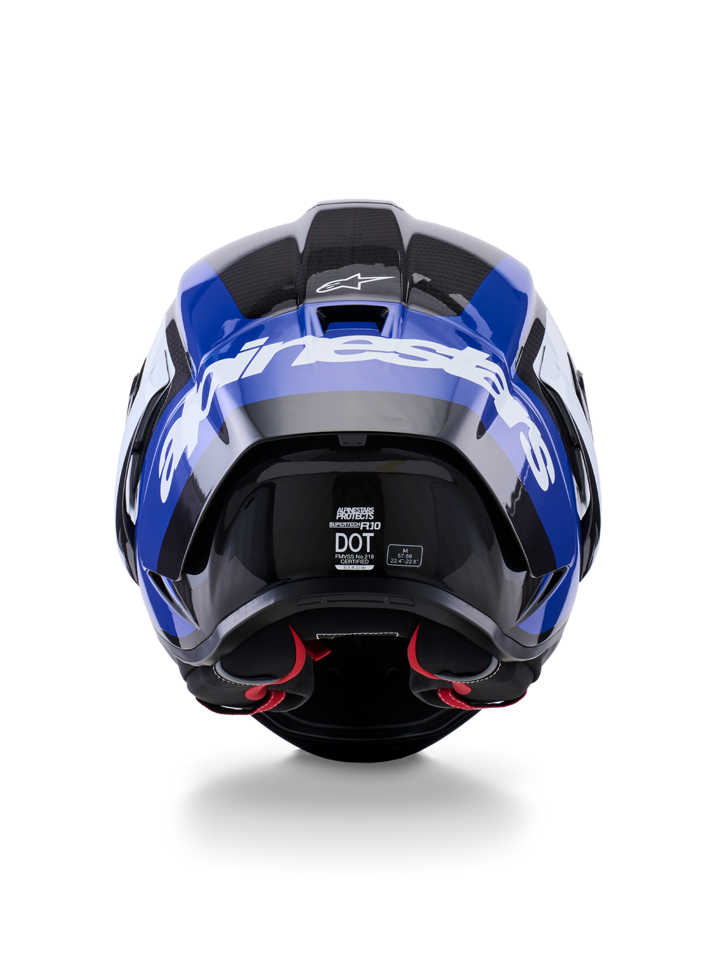 Casque Alpinestars Supertech R10 Arius, vue arrière, noir, blanc et bleu brillant, construction en fibre de carbone avec logo blanc imposant, forme aérodynamique, étiquette de certification DOT, rembourrage intérieur rouge