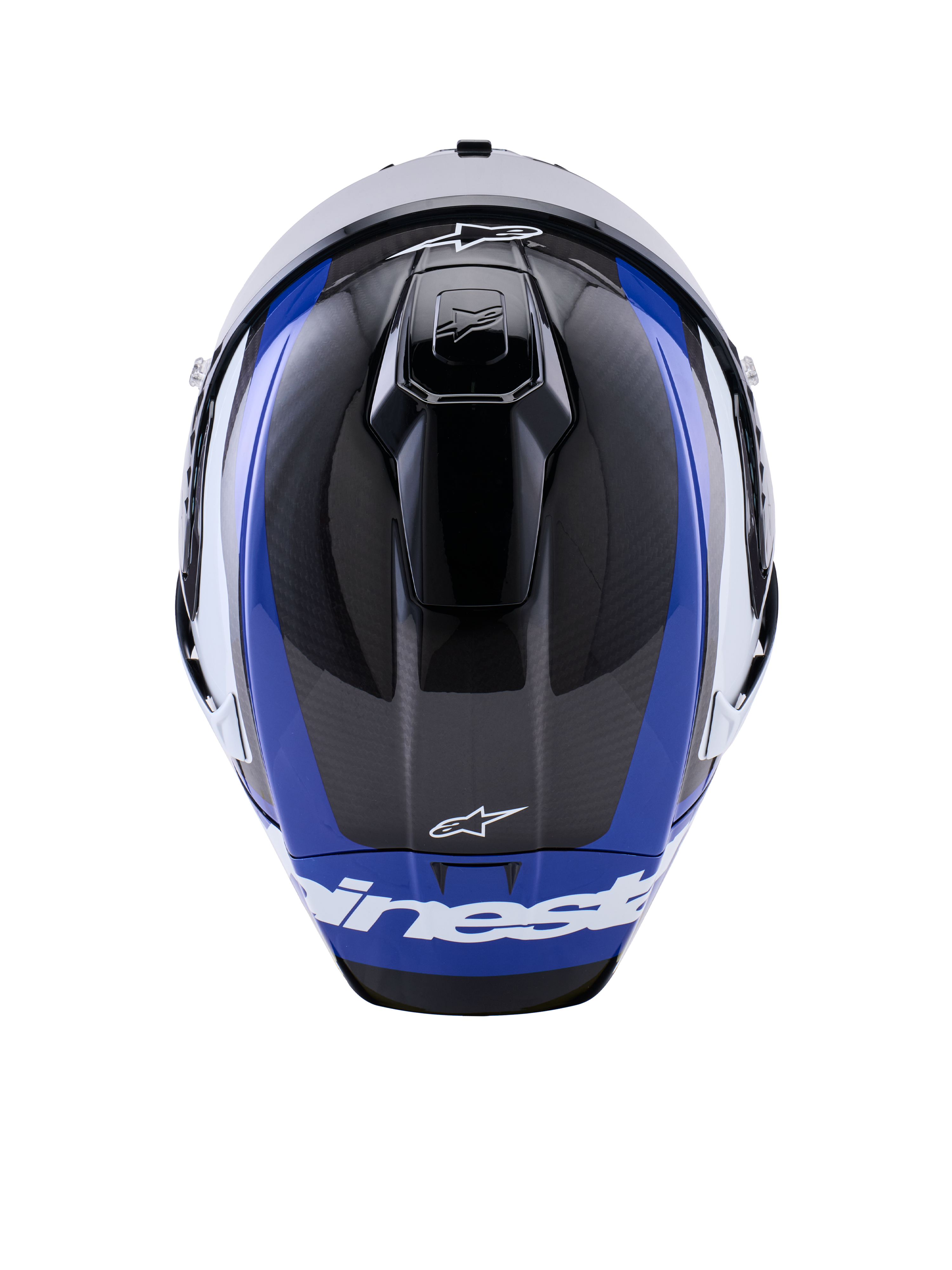 Casque Alpinestars Supertech R10 Arius, casque de course moto intégral, noir brillant, blanc et bleu, vue de dessus mettant en évidence le tissage de la fibre de carbone, les évents aérodynamiques et le logo Alpinestars blanc