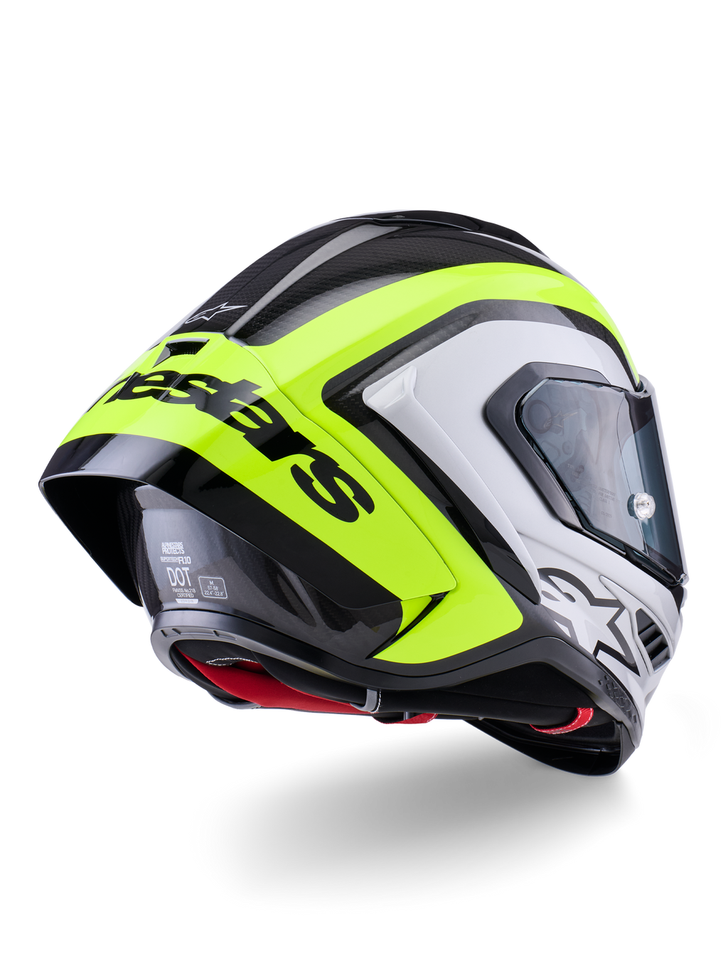 Casque Alpinestars Supertech R10 Arius, vue arrière, noir, argent et jaune fluo brillant, coque en fibre de carbone, grand spoiler aérodynamique avec texte Alpinestars noir, protection de niveau compétition au design profilé