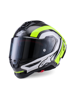 Casque Alpinestars Supertech R10 Arius, casque de moto de course professionnel, carbone noir brillant avec accents argentés et jaune fluo, doté d'un écran fumé foncé, d'ailerons aérodynamiques et d'un marquage Alpinestars distinctif