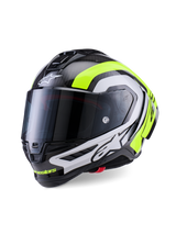 Alpinestars Supertech R10 Arius Helmet, professional racing motorcycle helmet, Glossy Black Carbon with Silver and Fluorescent Yellow accents, featuring a dark smoke visor, aerodynamic winglets, and bold Alpinestars branding