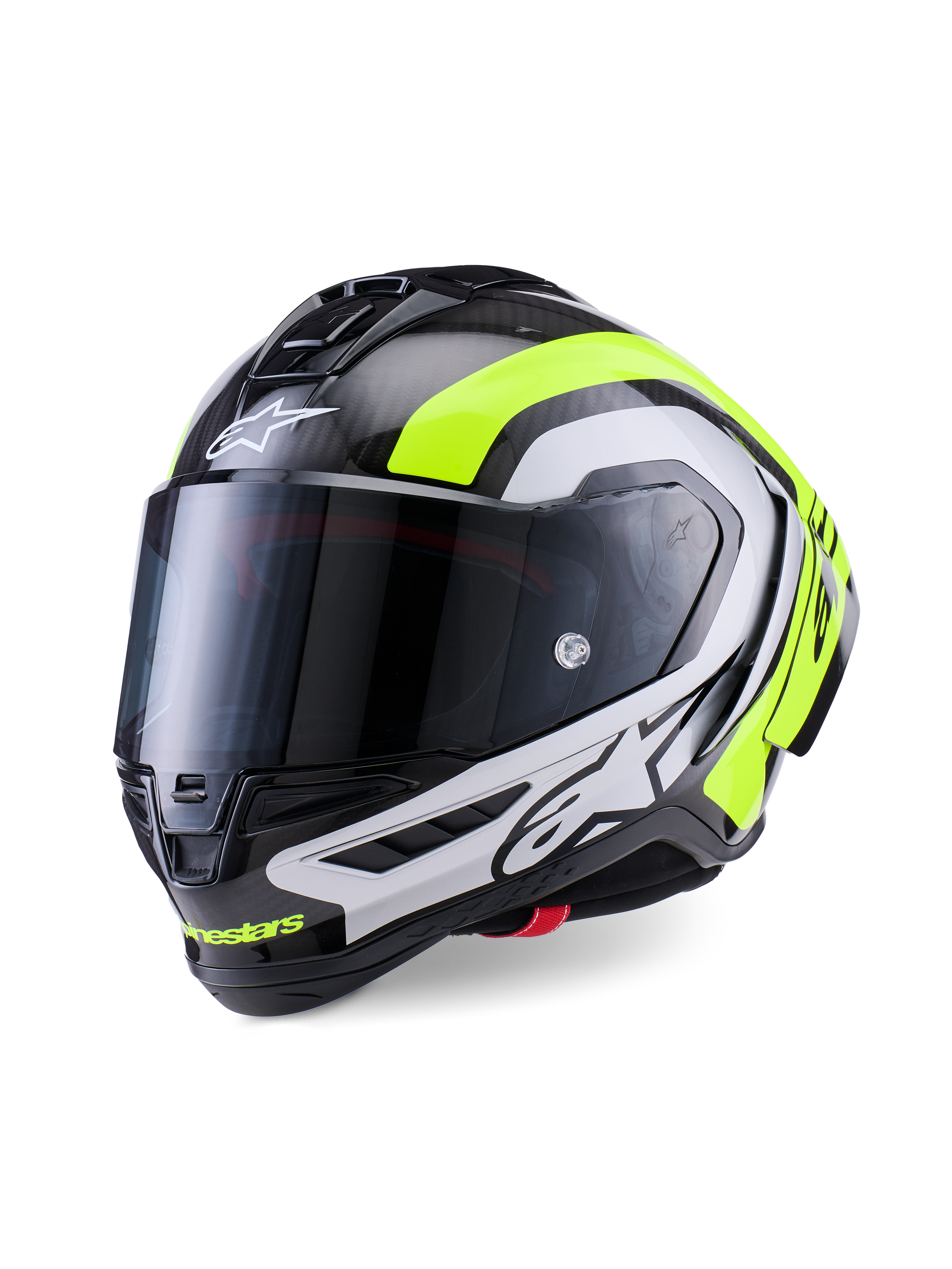 Casque Alpinestars Supertech R10 Arius, casque de moto de course professionnel, carbone noir brillant avec accents argentés et jaune fluo, doté d'un écran fumé foncé, d'ailerons aérodynamiques et d'un marquage Alpinestars distinctif
