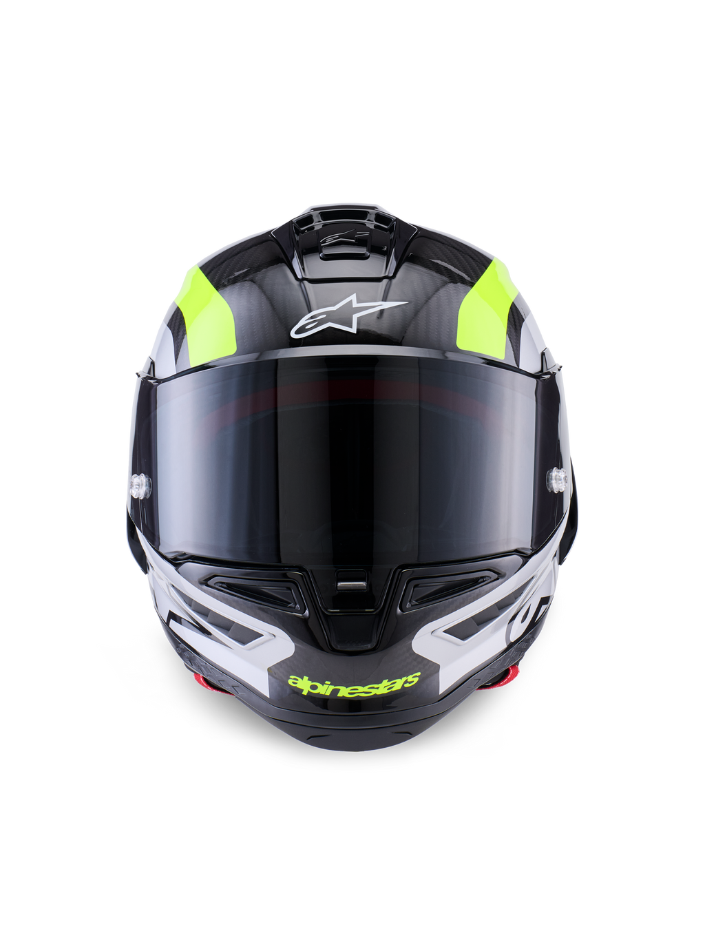 Casque Alpinestars Supertech R10 Arius, casque de moto de course, noir, argent et jaune fluo brillant, vue de face présentant une coque en fibre de carbone, une visière fumée foncée et un système de ventilation intégré.
