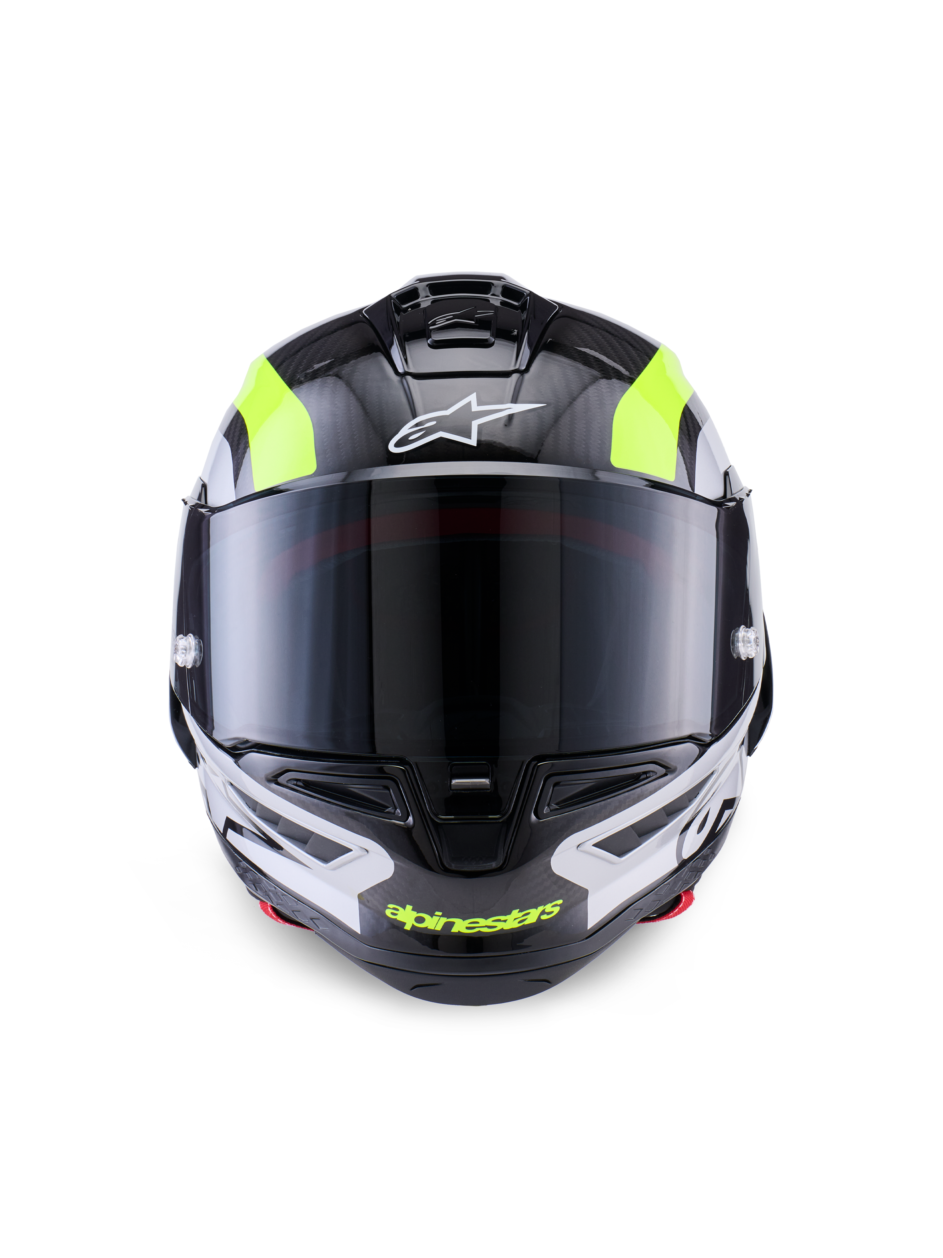 Casque Alpinestars Supertech R10 Arius, casque de moto de course, noir, argent et jaune fluo brillant, vue de face présentant une coque en fibre de carbone, une visière fumée foncée et un système de ventilation intégré.