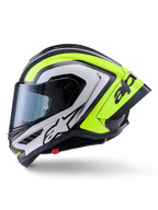 Casque Alpinestars Supertech R10 Arius, casque de moto de course, noir, argent et jaune fluo brillant, vue de profil, avec spoiler arrière aérodynamique, construction en fibre de carbone, logo imposant et visière teintée.