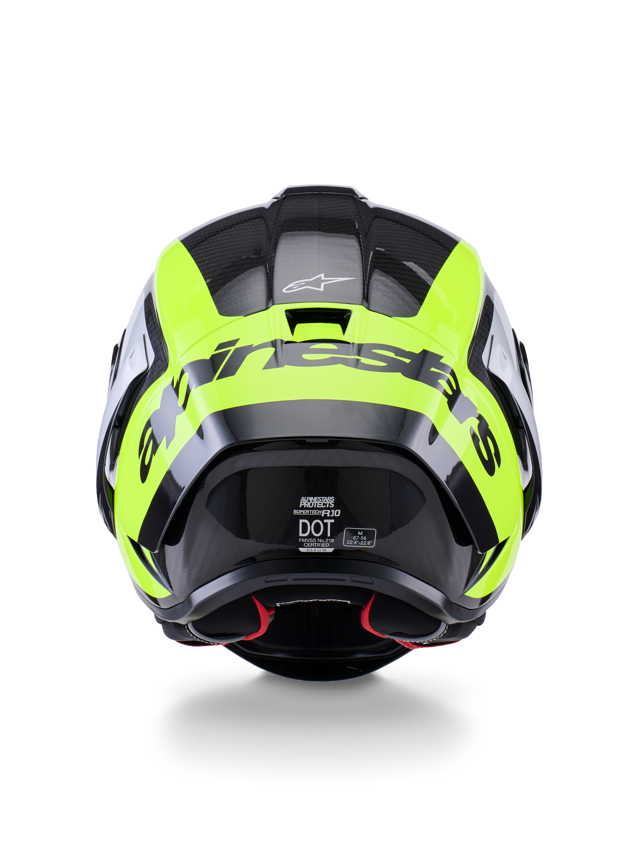 Alpinestars Supertech R10 Arius Helmet, Rear View, Black Silver and Yellow Fluo Glossy, high-performance racing helmet with multi-composite carbon shell, aerodynamic design, and bold brand logo across the back.