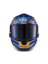 Casque Alpinestars Supertech R10 Martinator Thai LE, bleu métallisé et or, fibre de carbone, vue de face, visière teintée