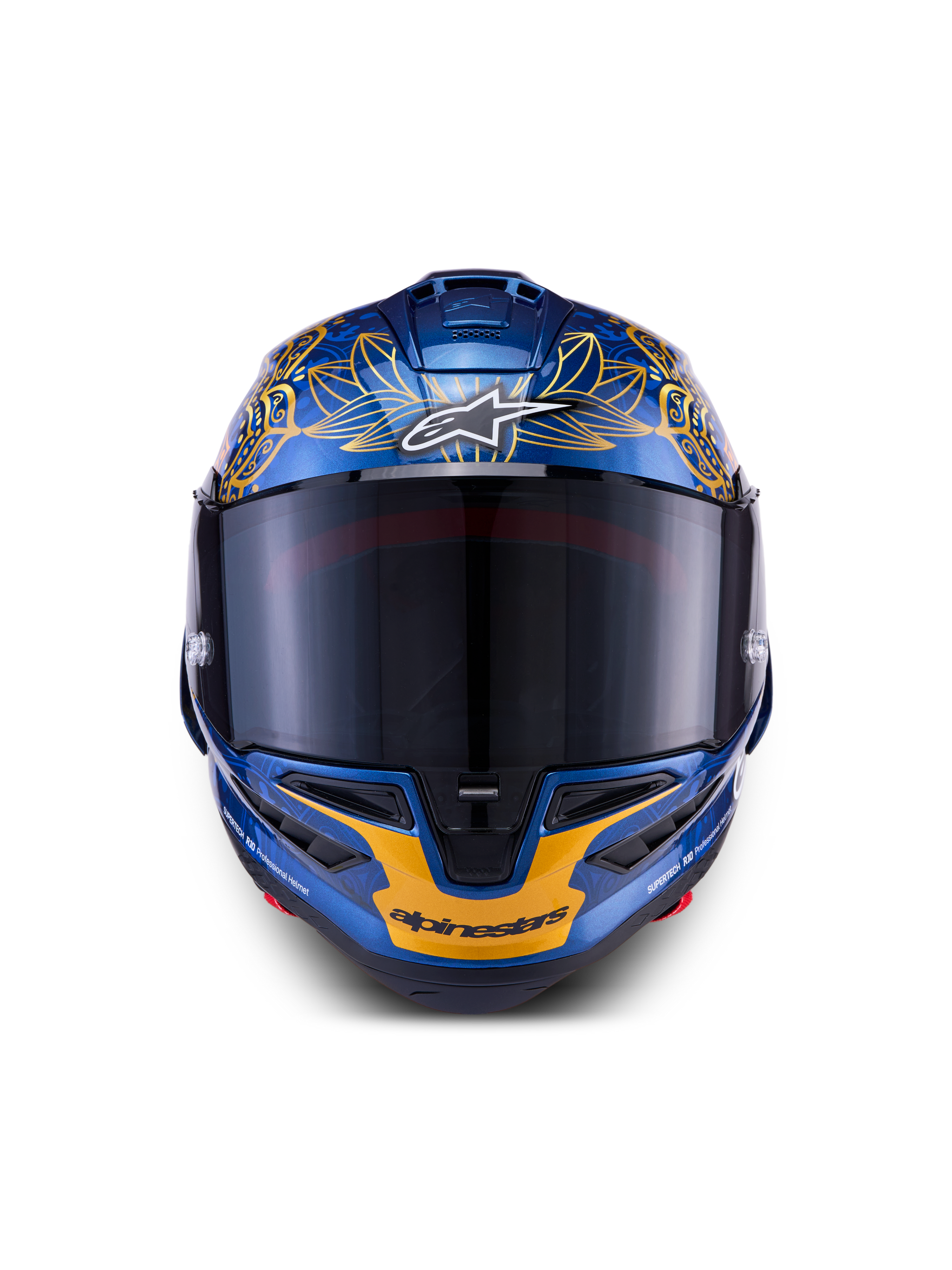 Casque Alpinestars Supertech R10 Martinator Thai LE, bleu métallisé et or, fibre de carbone, vue de face, visière teintée