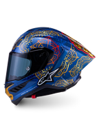 Casque Alpinestars Supertech R10 Martinator Thai bleu brillant aux motifs mandalas or et rouges avec coque en carbone.