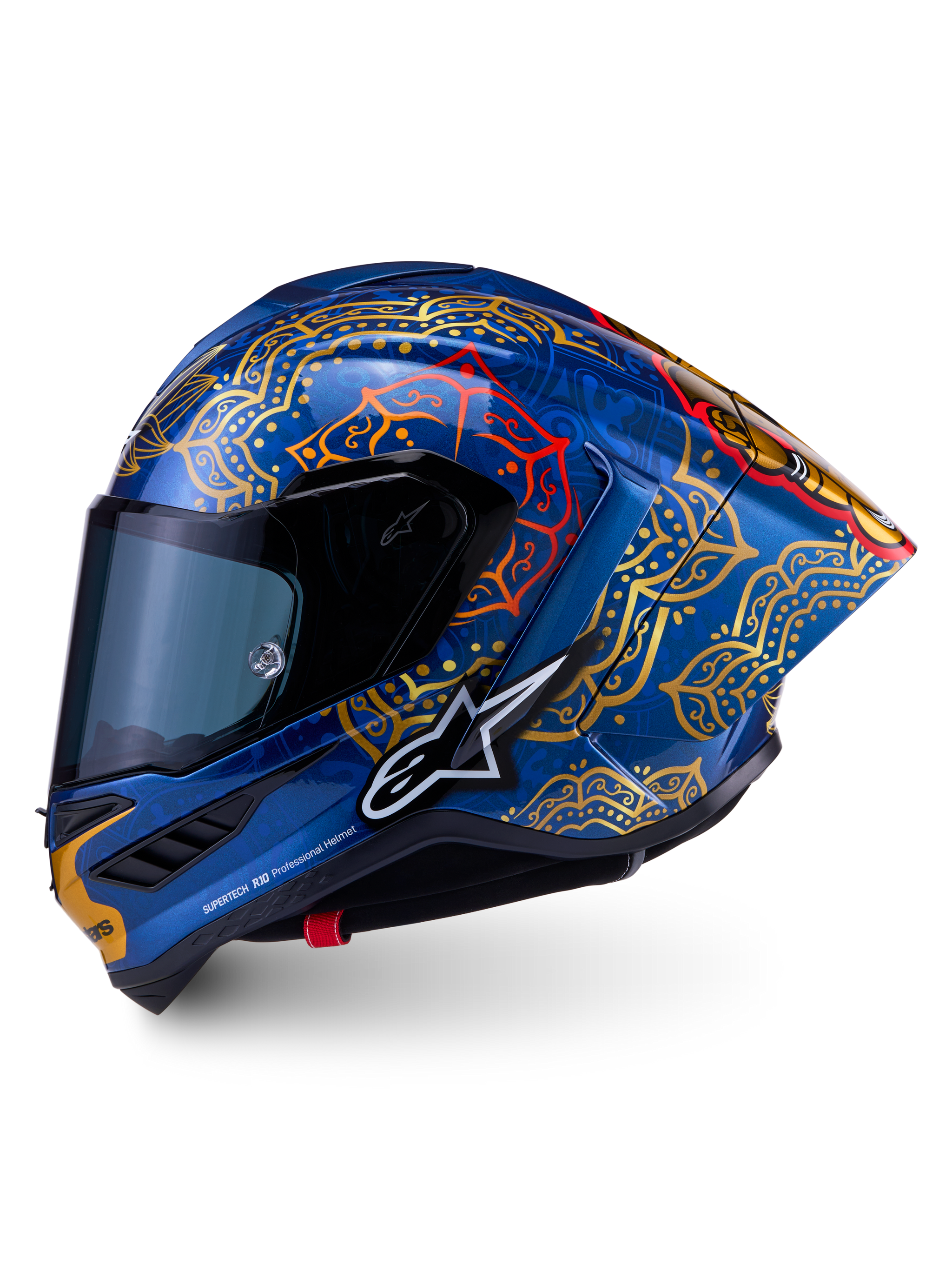 Casque Alpinestars Supertech R10 Martinator Thai bleu brillant aux motifs mandalas or et rouges avec coque en carbone.
