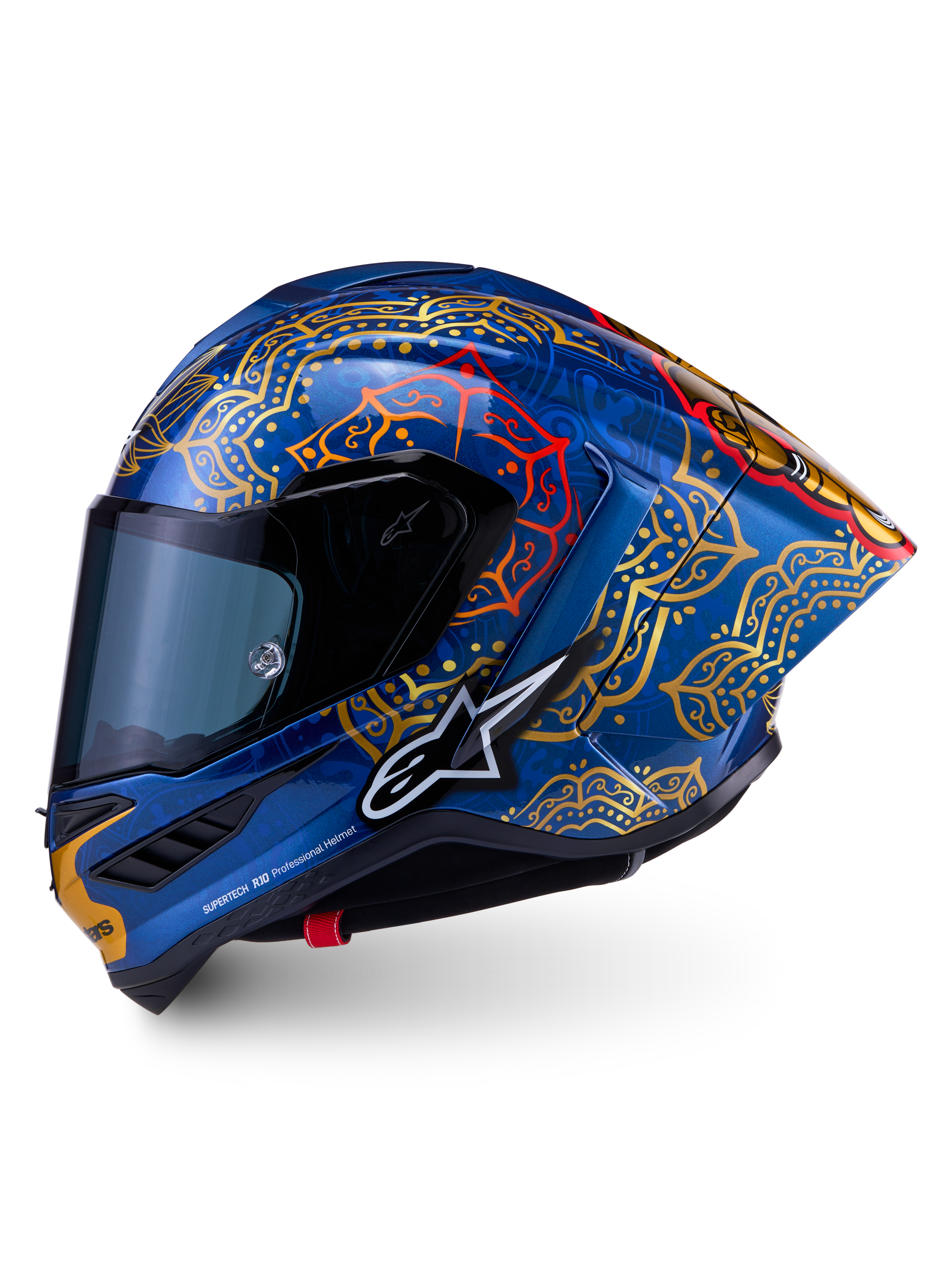 Casque Alpinestars Supertech R10 Martinator Thai bleu brillant aux motifs mandalas or et rouges avec coque en carbone.