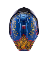 Casque Alpinestars Supertech R10 Martinator Thai, coque carbone bleu brillant, graphisme d'éléphant doré et motifs complexes.