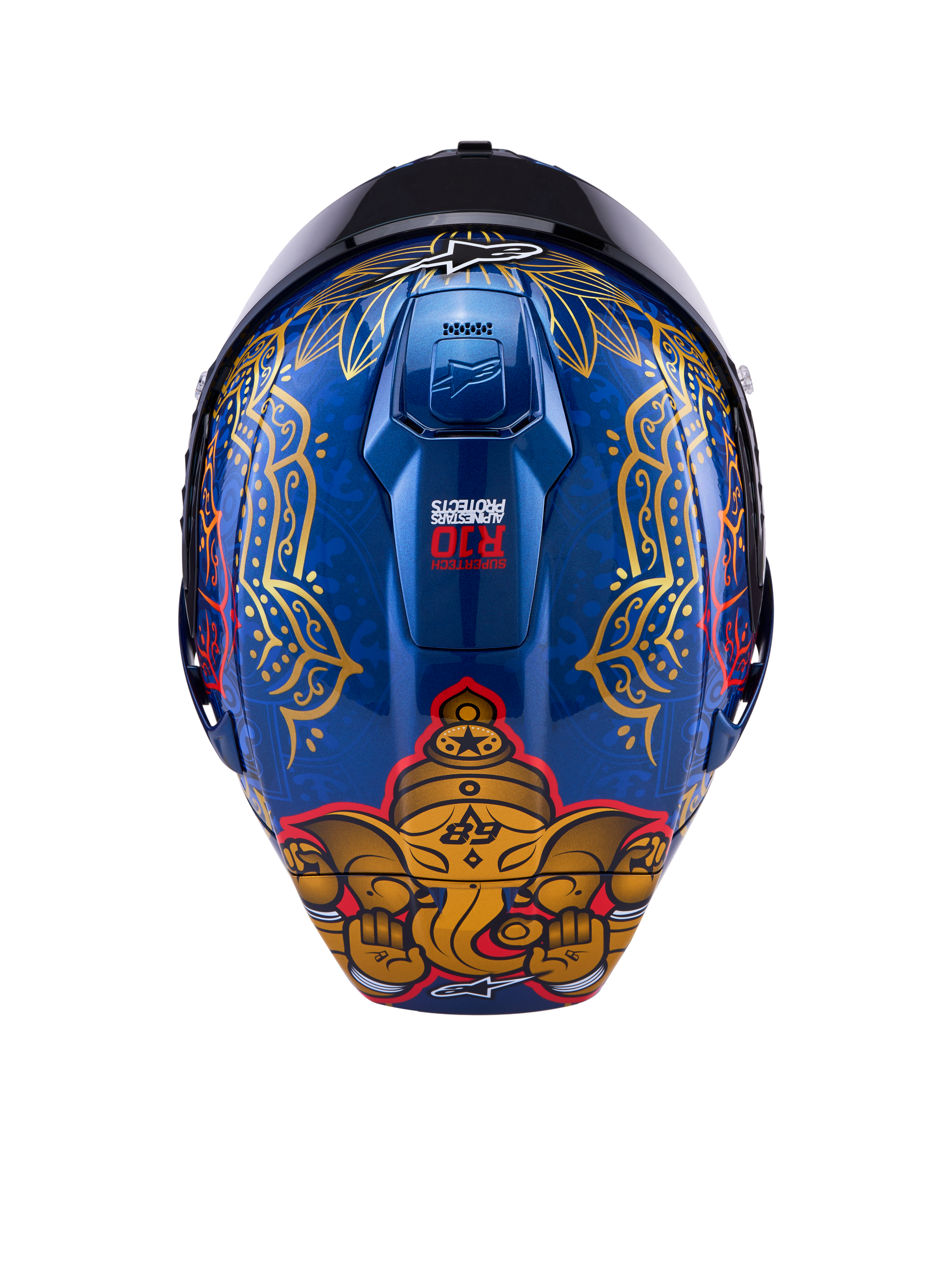 Casque Alpinestars Supertech R10 Martinator Thai, coque carbone bleu brillant, graphisme d'éléphant doré et motifs complexes.