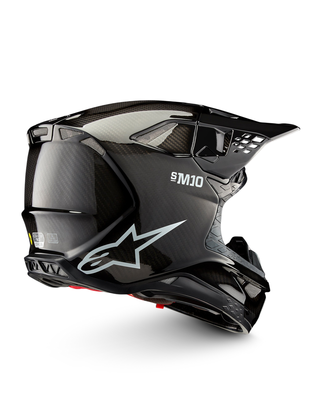 Alpinestars Casque Supertech M10 Solid ECE 22.06, casque de motocross noir carbone brillant, vue de profil avec coque en carbone, aérations et visière pare-soleil, certifié ECE