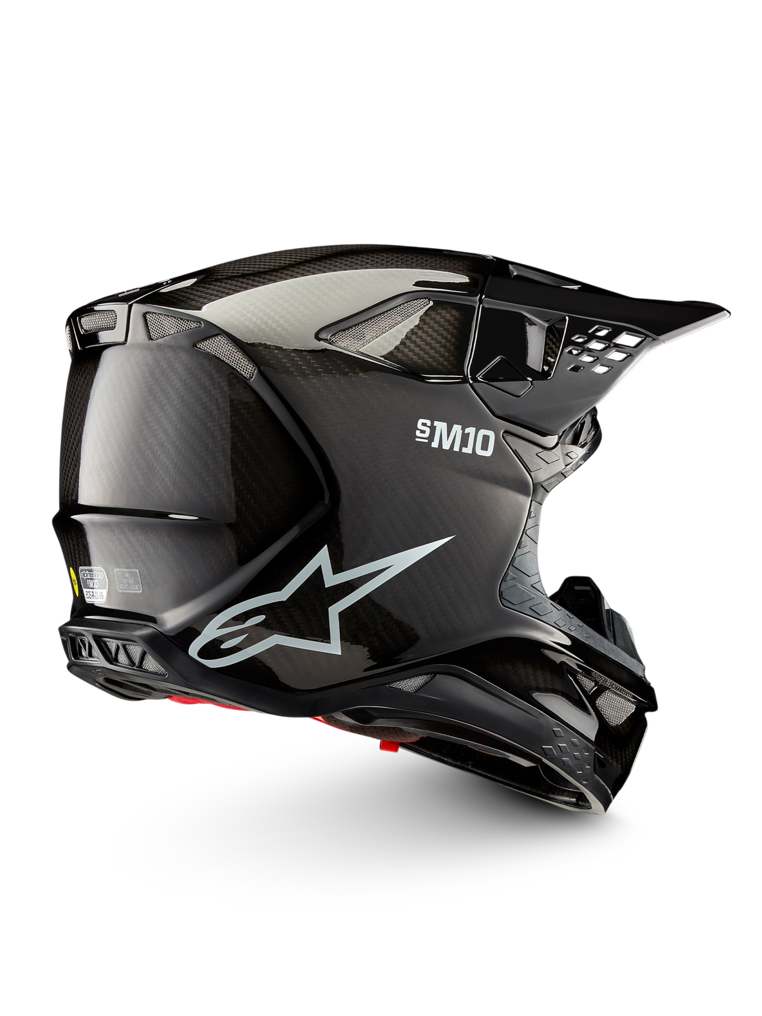 Alpinestars Casque Supertech M10 Solid ECE 22.06, casque de motocross noir carbone brillant, vue de profil avec coque en carbone, aérations et visière pare-soleil, certifié ECE