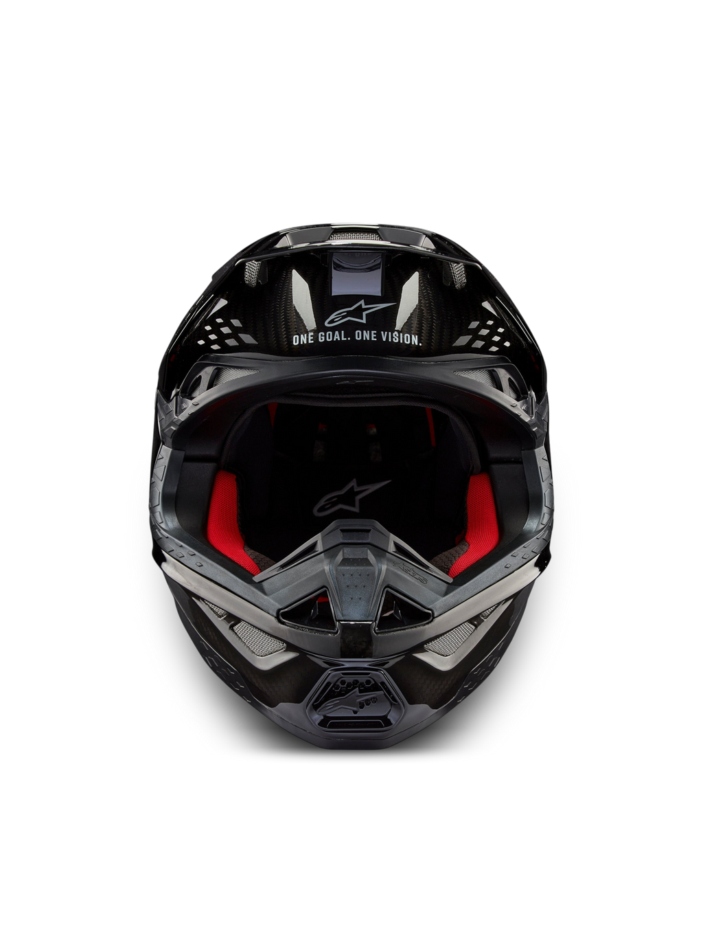 Casque Supertech M10 Solid ECE 22.06, casque de motocross noir carbone brillant, vue de face avec intérieur rouge et ouvertures de ventilation