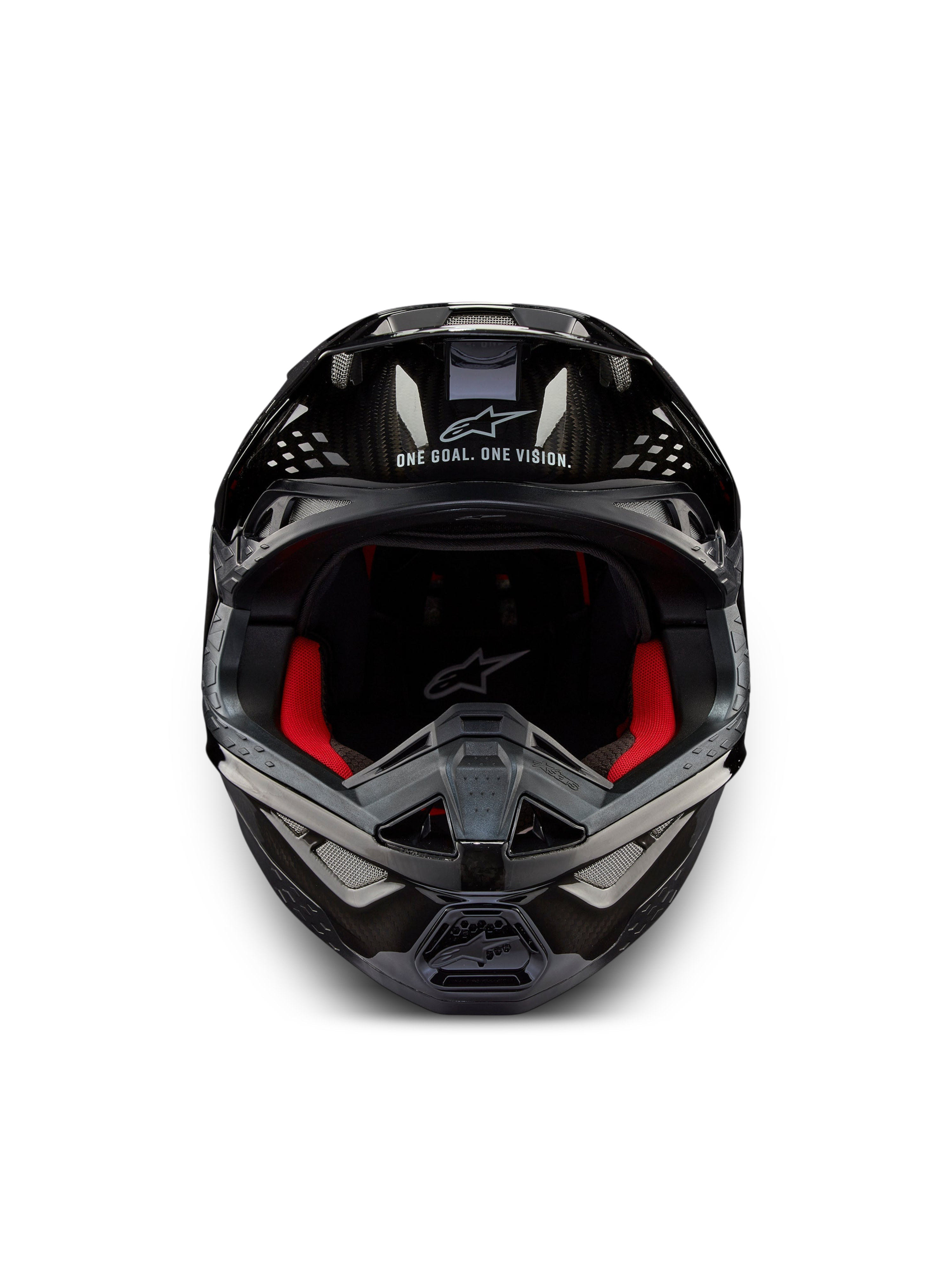 Casque Supertech M10 Solid ECE 22.06, casque de motocross noir carbone brillant, vue de face avec intérieur rouge et ouvertures de ventilation