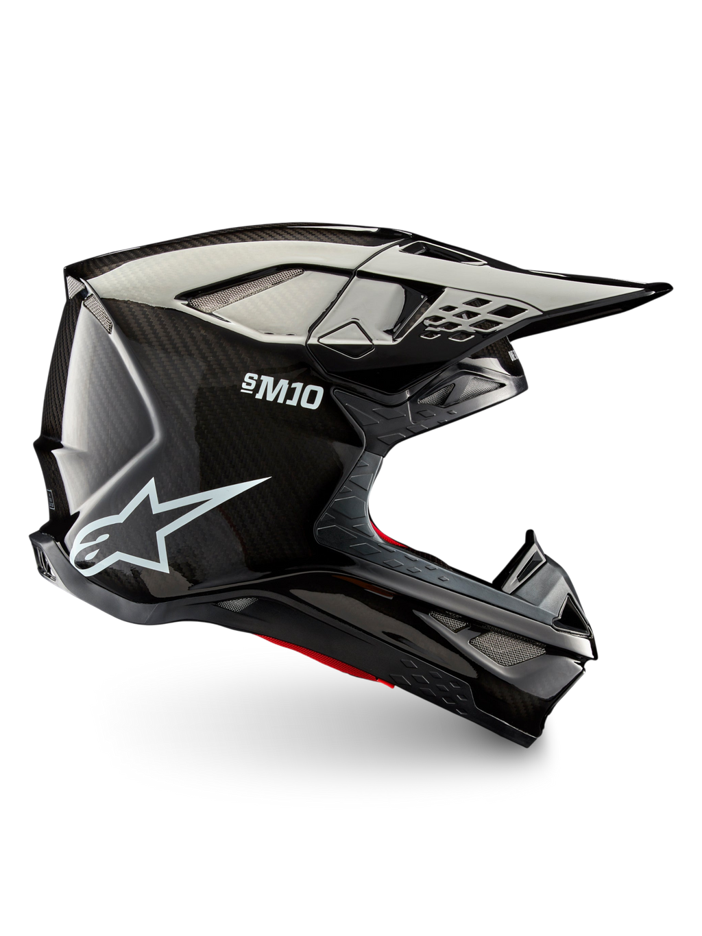 Casque Alpinestars Supertech M10 Solid ECE 22.06, casque de motocross tout-terrain noir en carbone brillant, vue de profil avec visière et ouvertures de ventilation